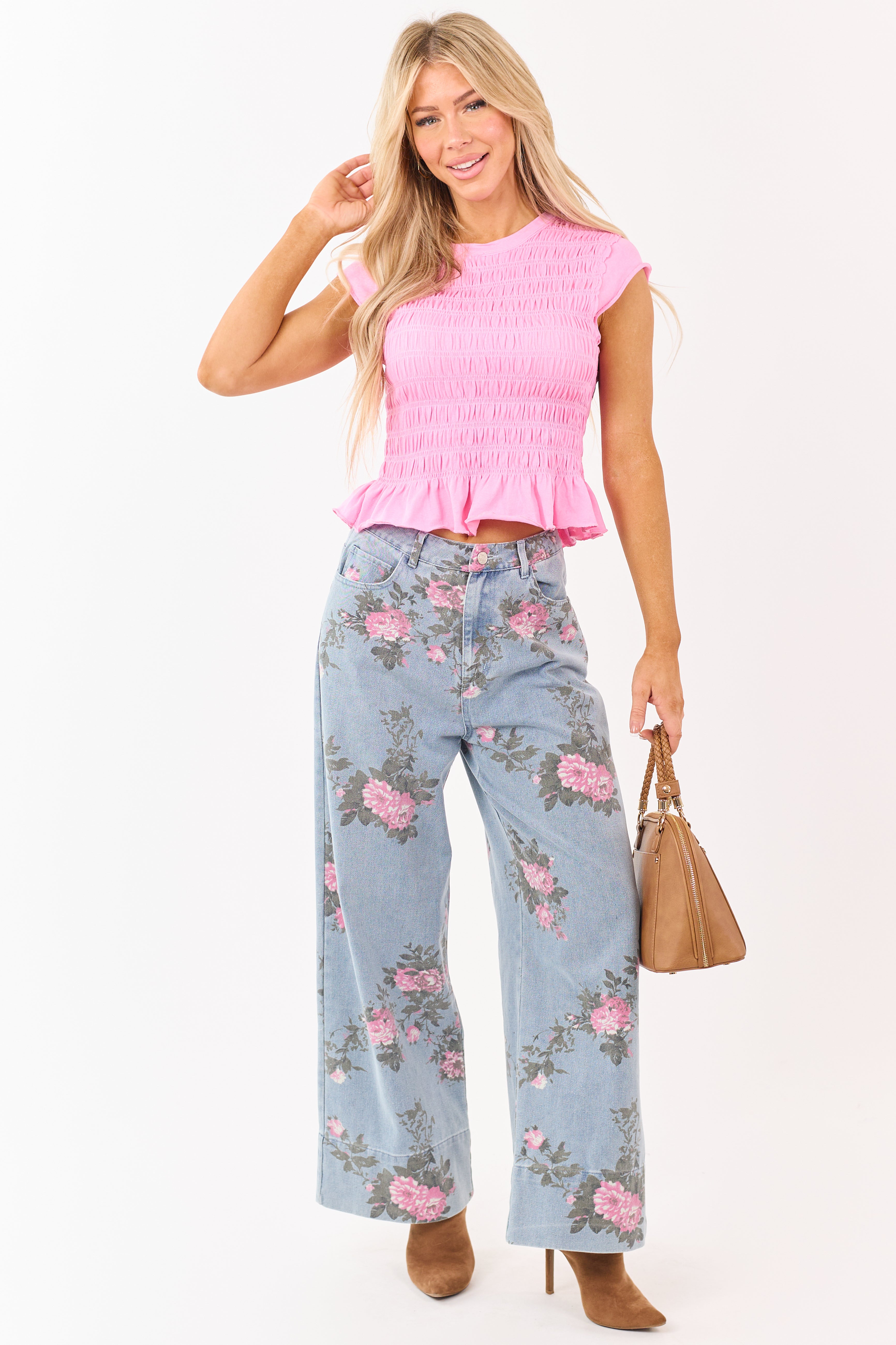 Entro Light Wash Floral Print Wide Leg Jeans | Lime Lush Boutique