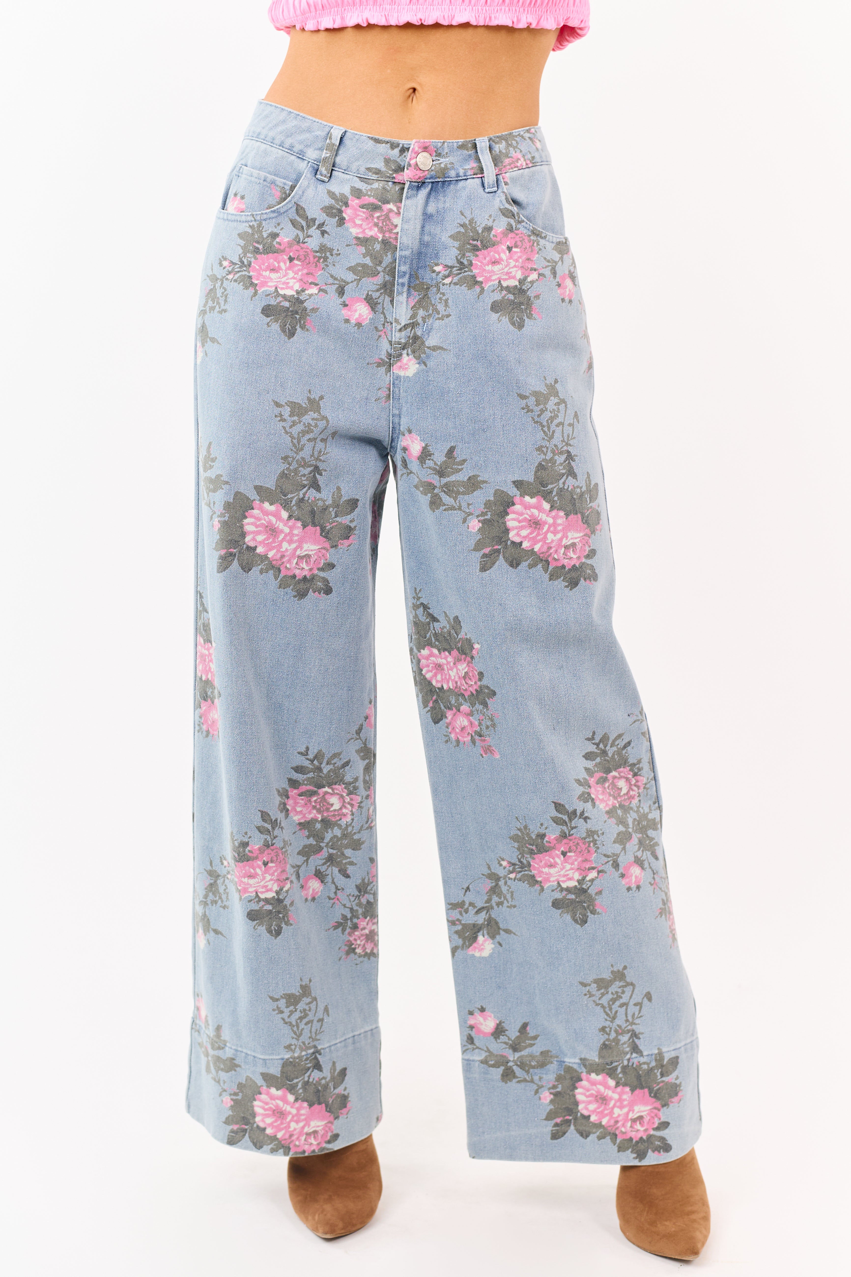 Entro Light Wash Floral Print Wide Leg Jeans