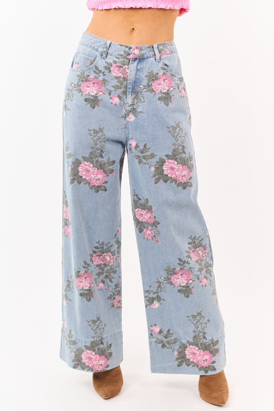 Entro Light Wash Floral Print Wide Leg Jeans