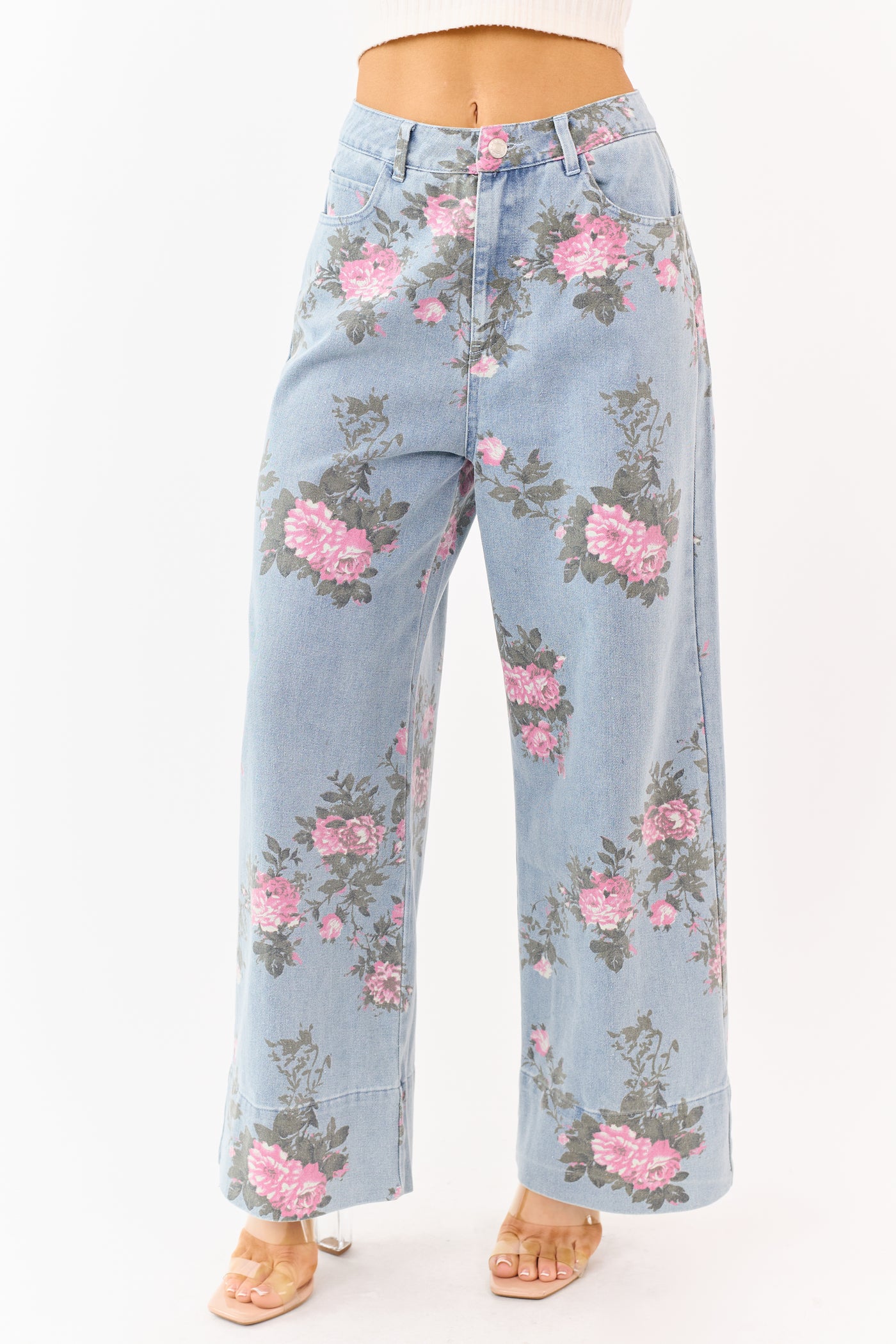 Entro Light Wash Floral Print Wide Leg Jeans