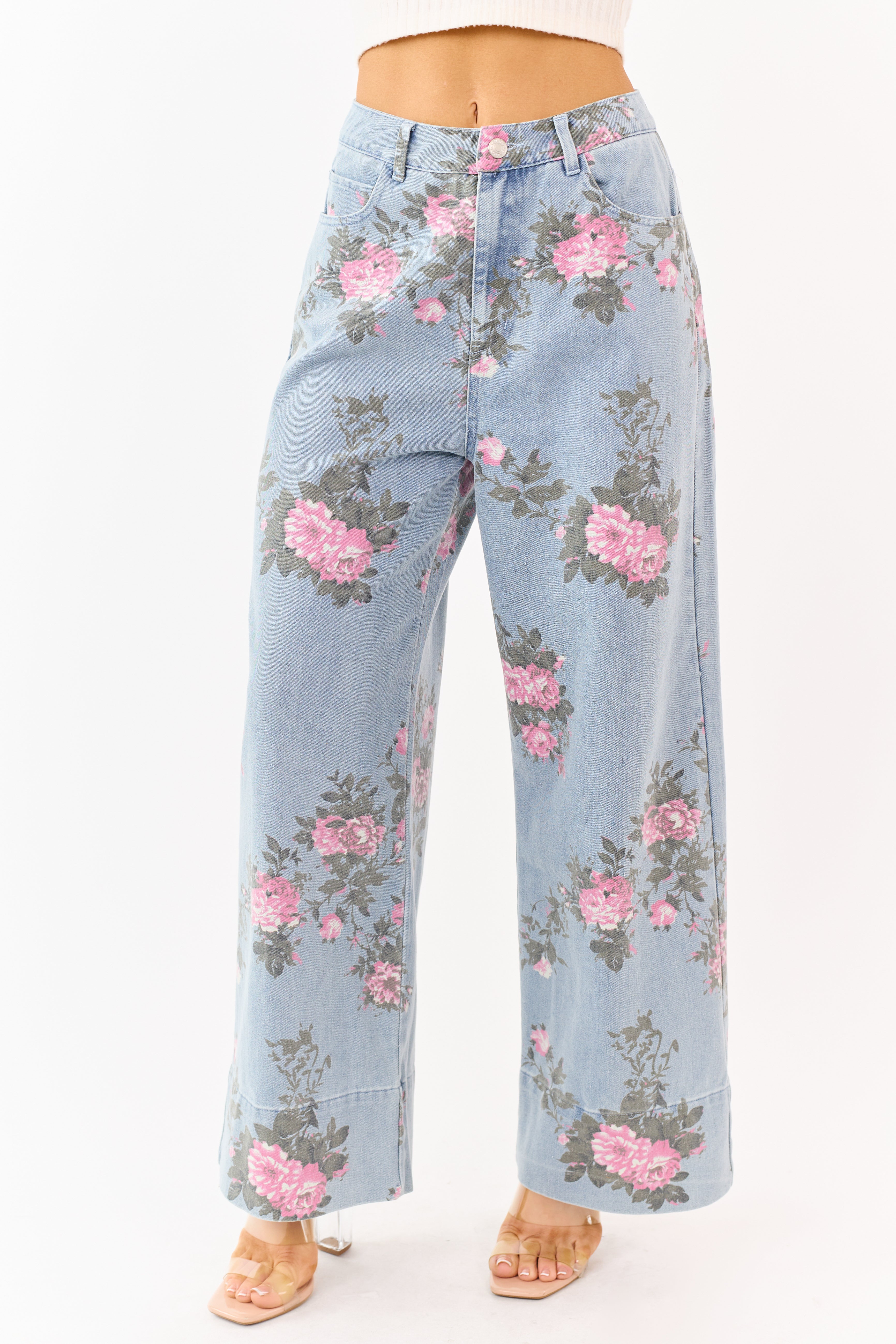 Entro Light Wash Floral Print Wide Leg Jeans
