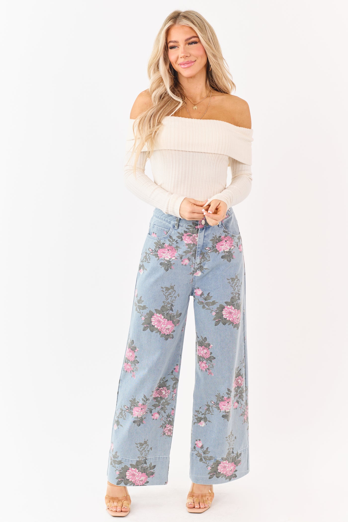 Entro Light Wash Floral Print Wide Leg Jeans