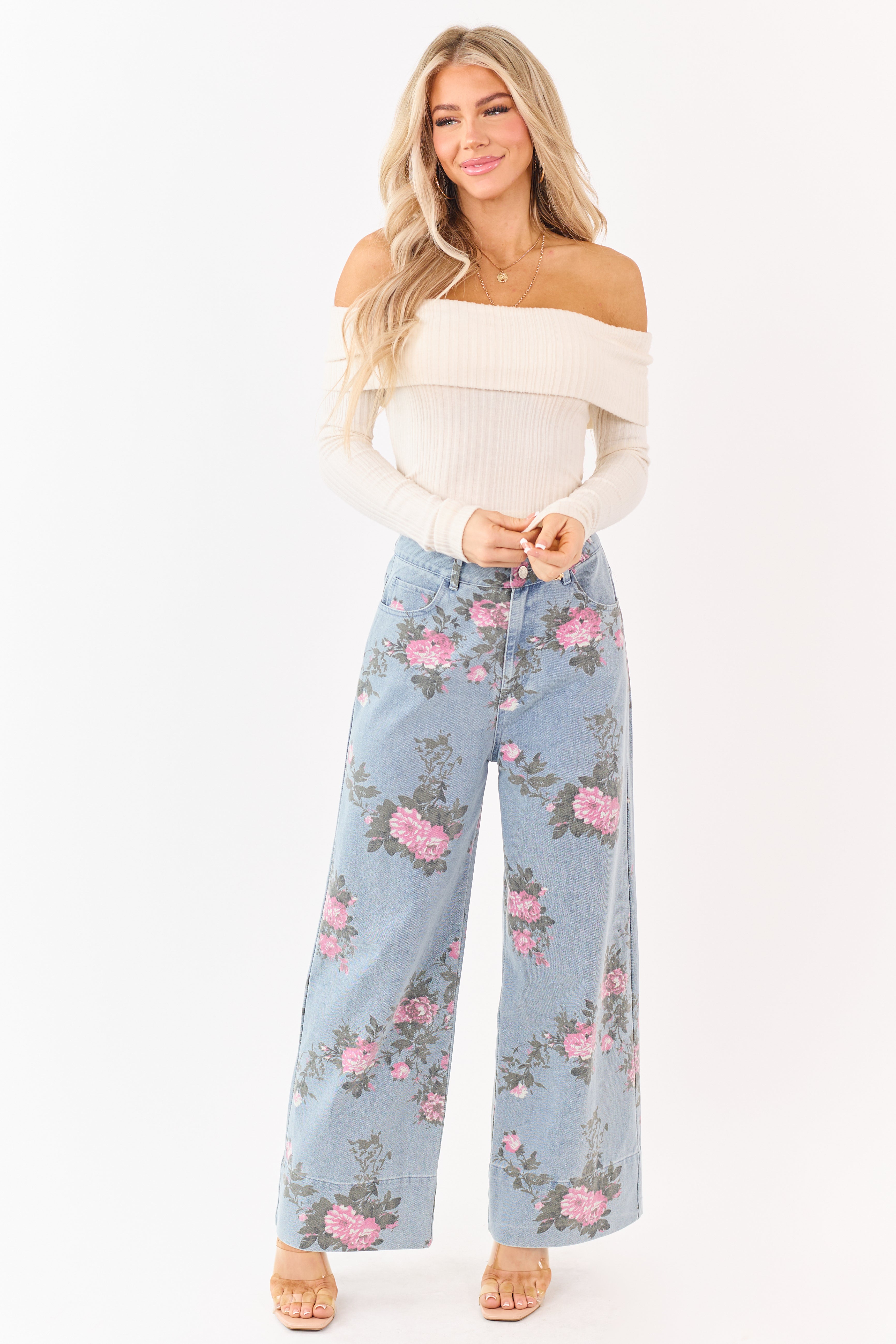 Entro Light Wash Floral Print Wide Leg Jeans