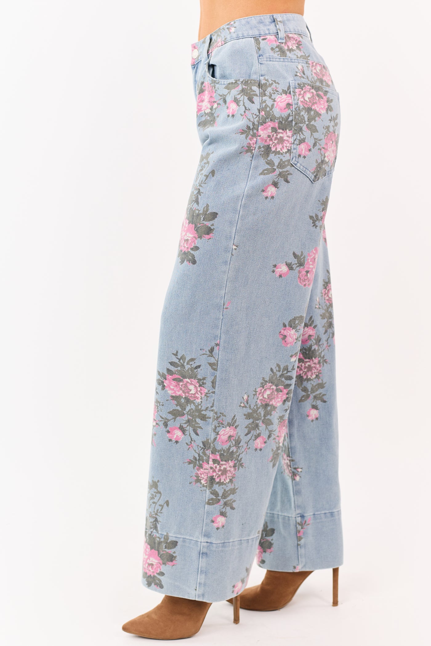 Entro Light Wash Floral Print Wide Leg Jeans
