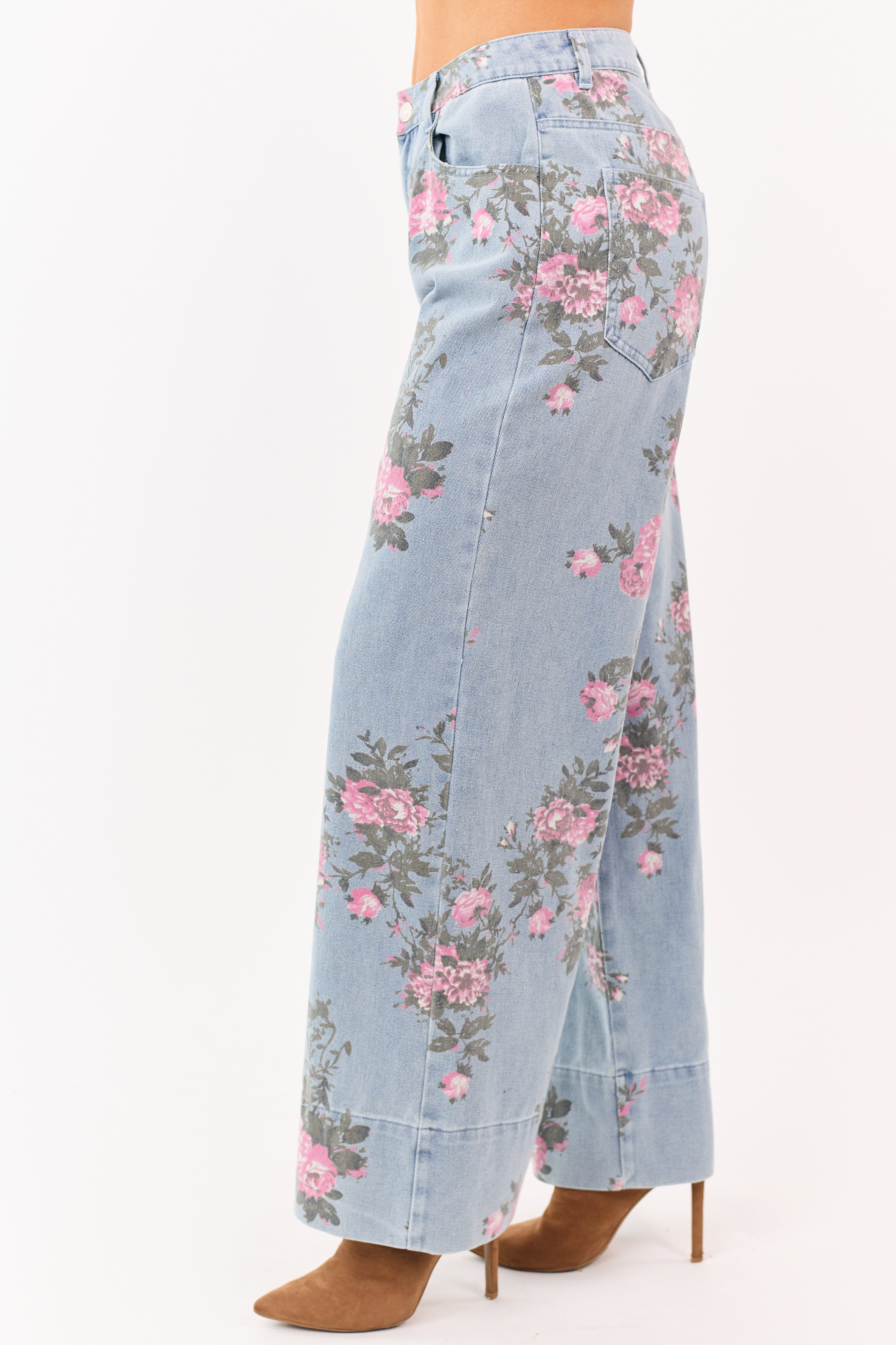 Entro Light Wash Floral Print Wide Leg Jeans
