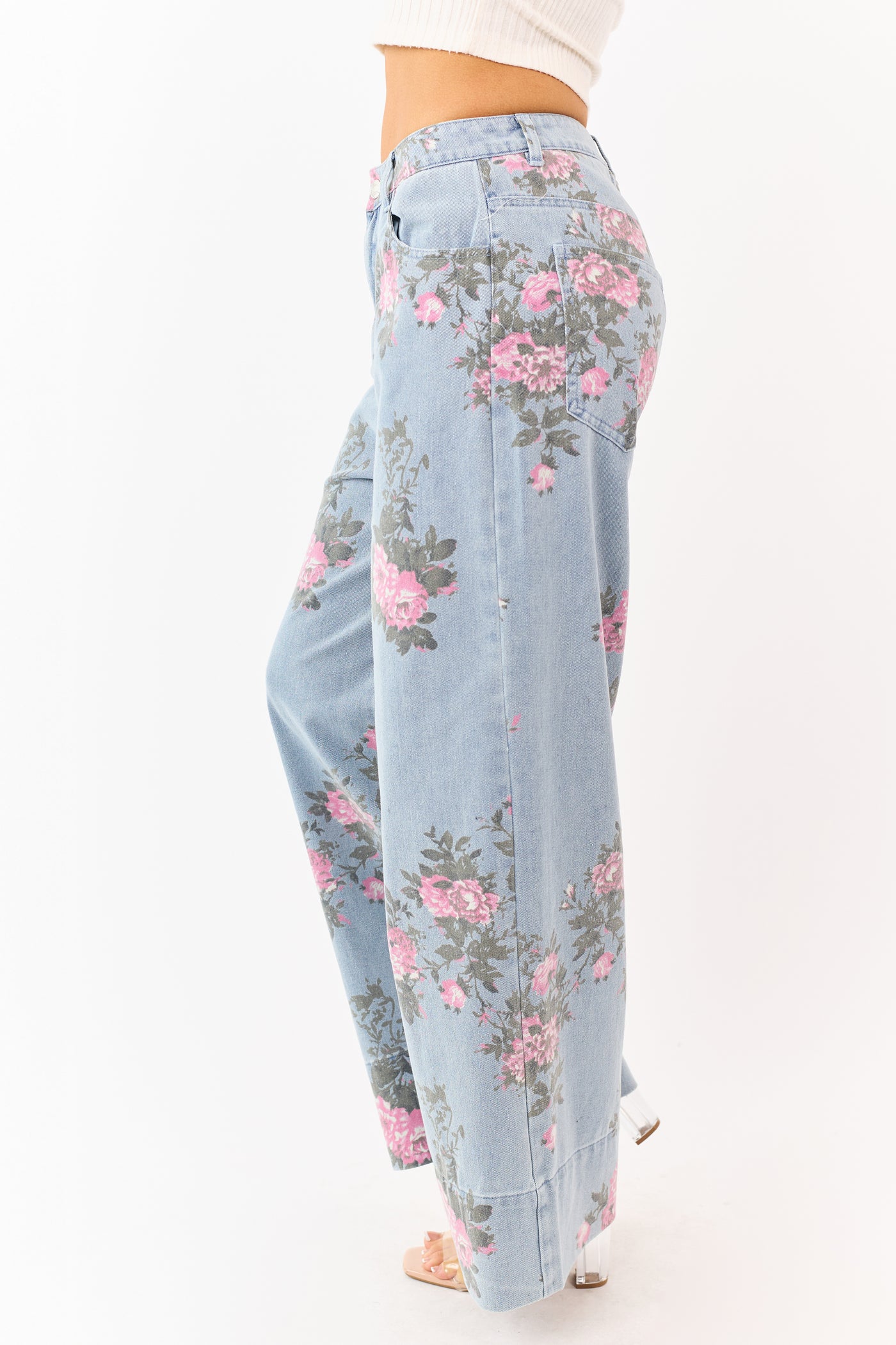 Entro Light Wash Floral Print Wide Leg Jeans
