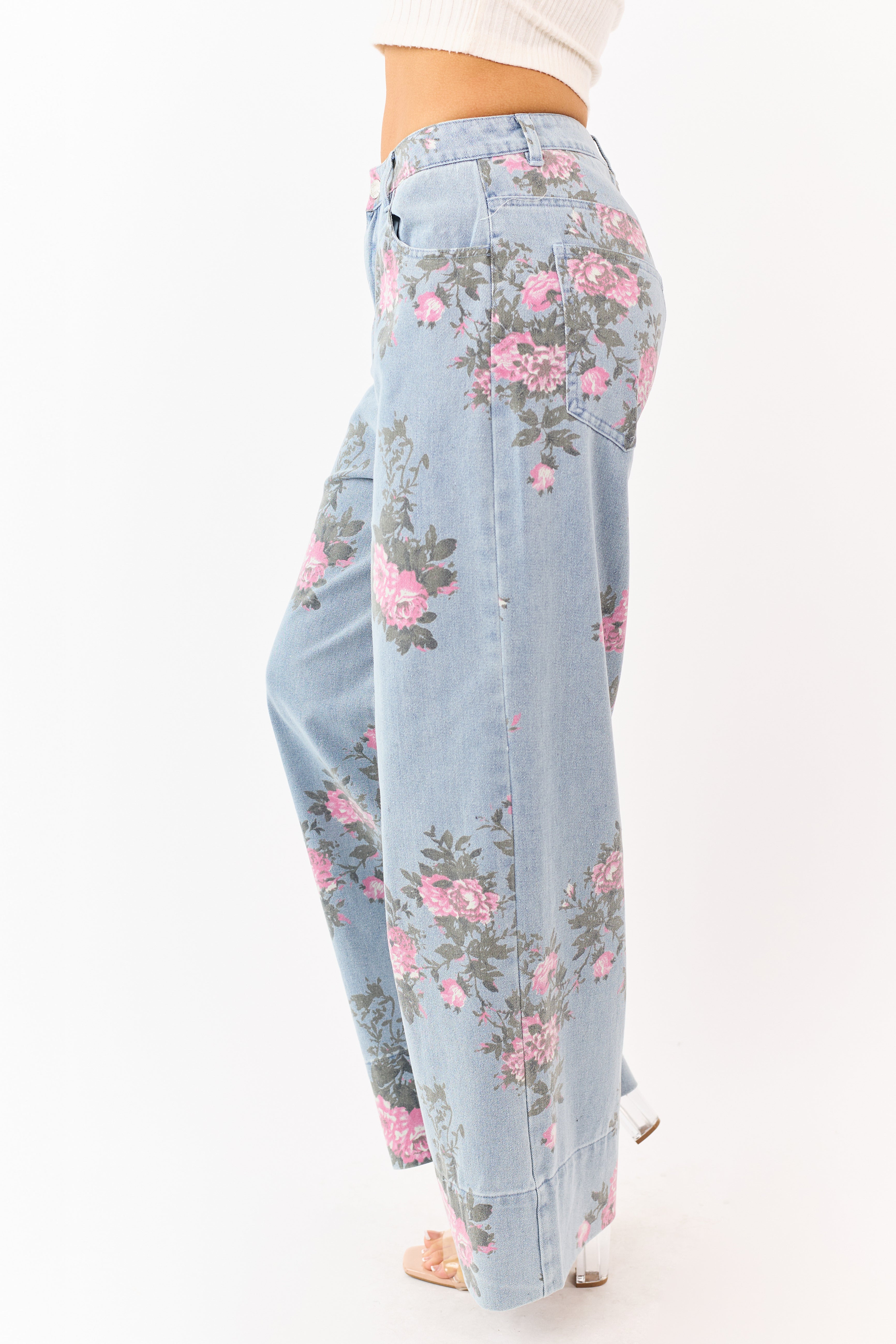 Entro Light Wash Floral Print Wide Leg Jeans