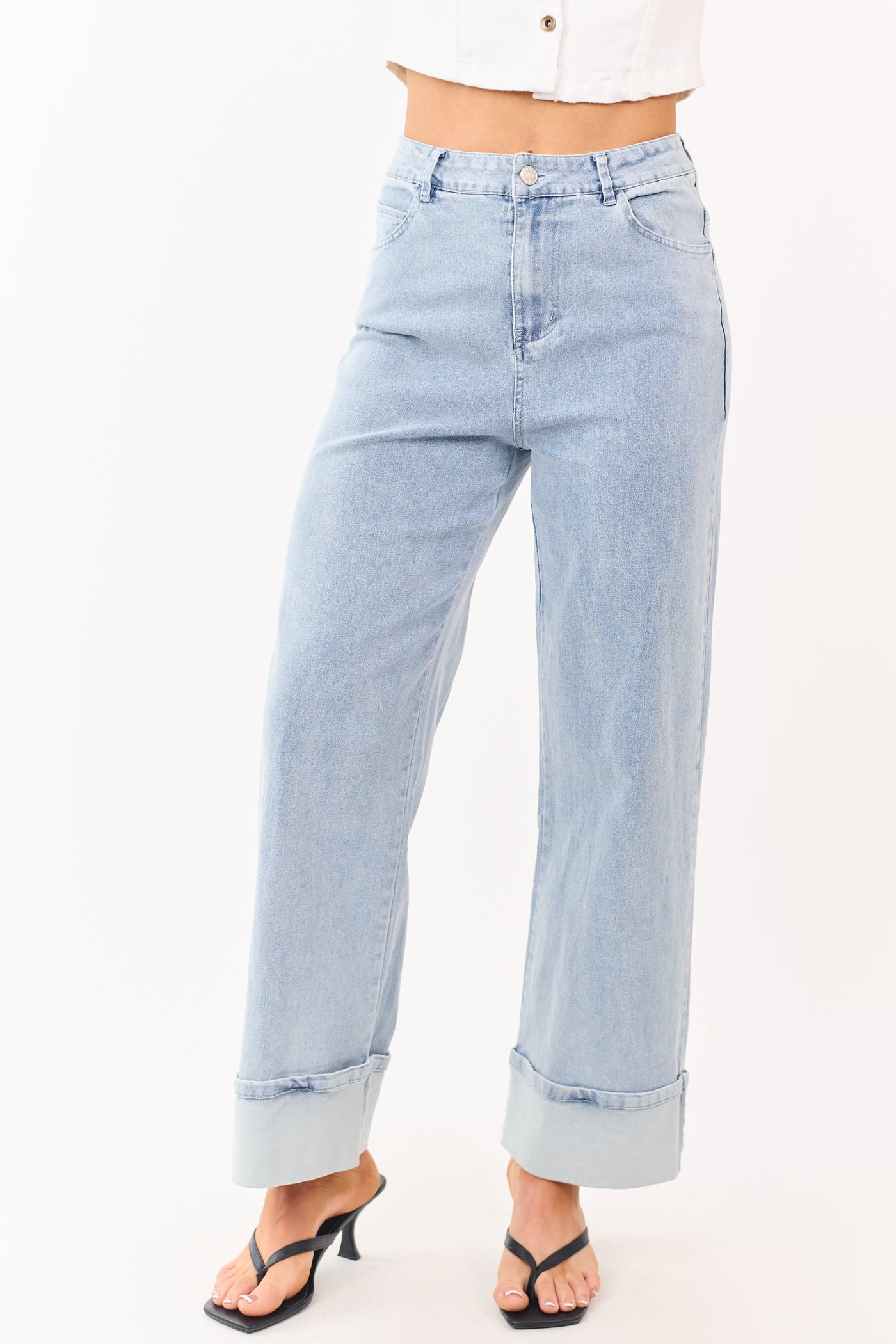 Entro Light Wash Stretchy Cuffed Wide Leg Jeans