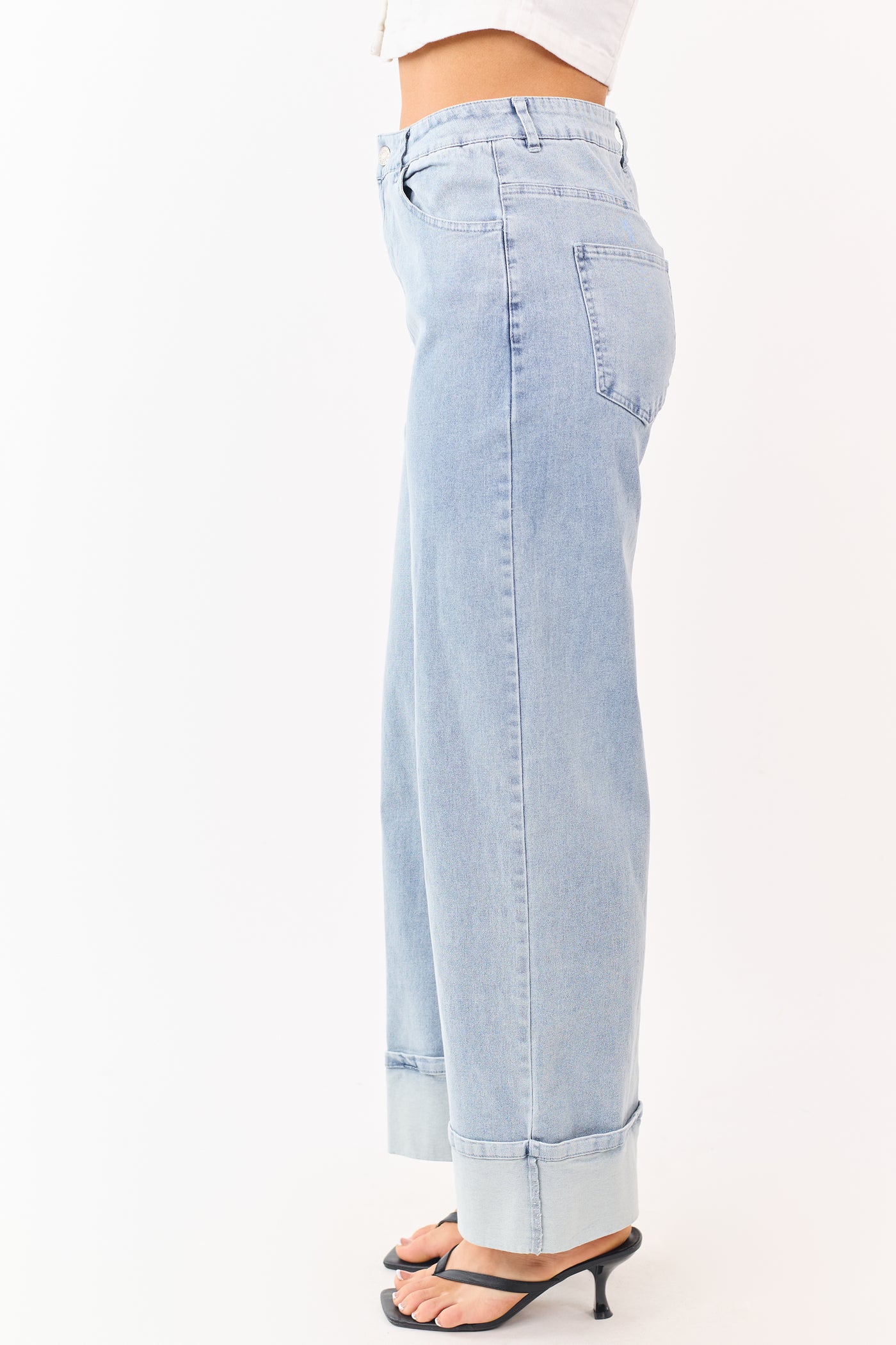 Entro Light Wash Stretchy Cuffed Wide Leg Jeans