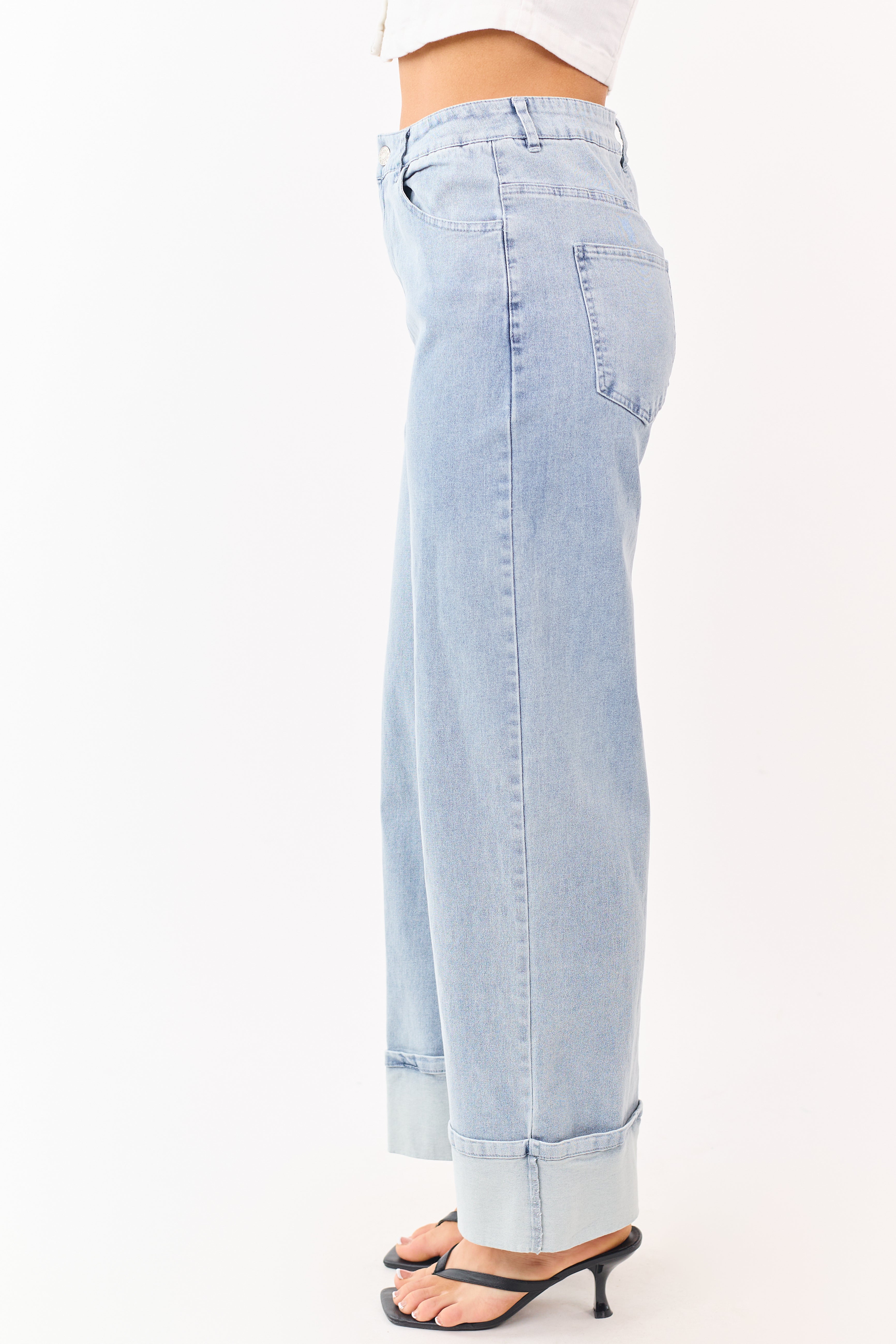 Entro Light Wash Stretchy Cuffed Wide Leg Jeans