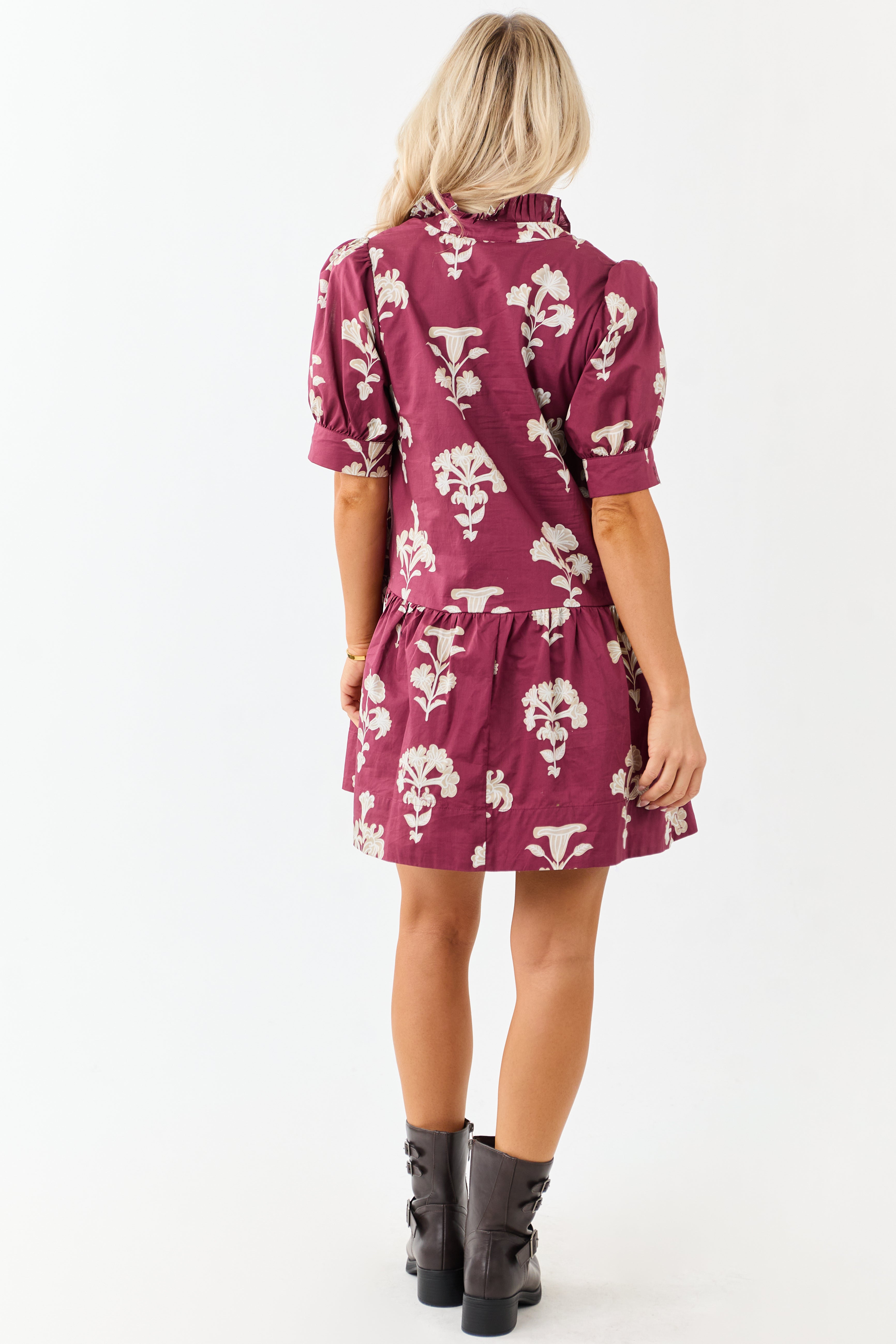 Entro Maroon Floral Puff Sleeve Cotton Mini Dress