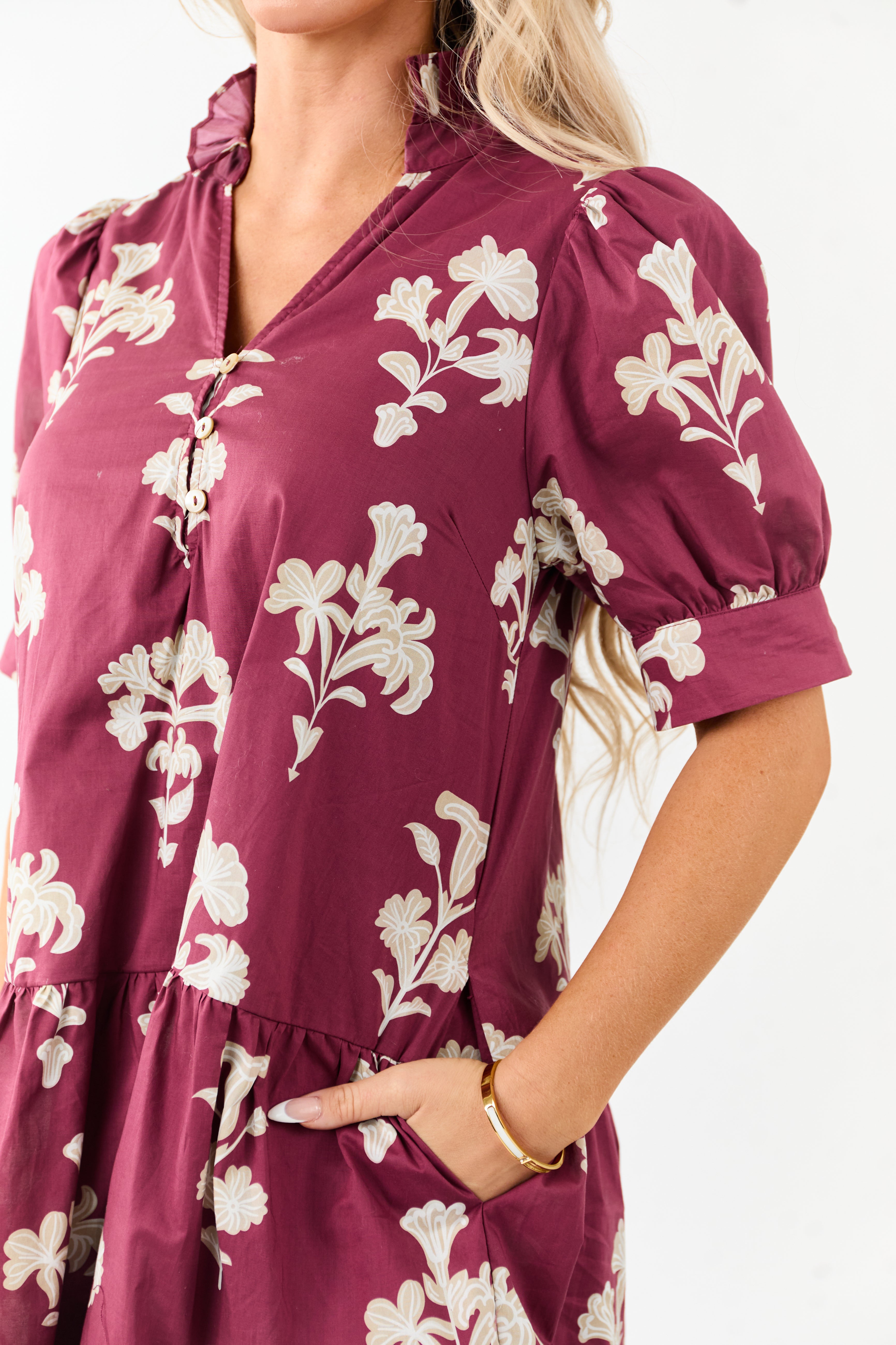 Entro Maroon Floral Puff Sleeve Cotton Mini Dress