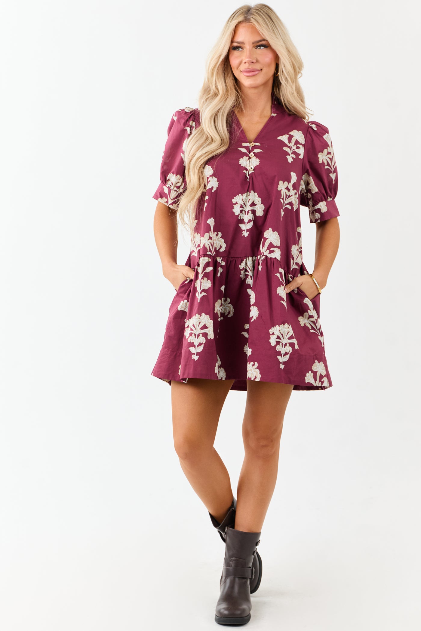 Entro Maroon Floral Puff Sleeve Cotton Mini Dress
