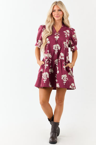 Entro Maroon Floral Puff Sleeve Cotton Mini Dress