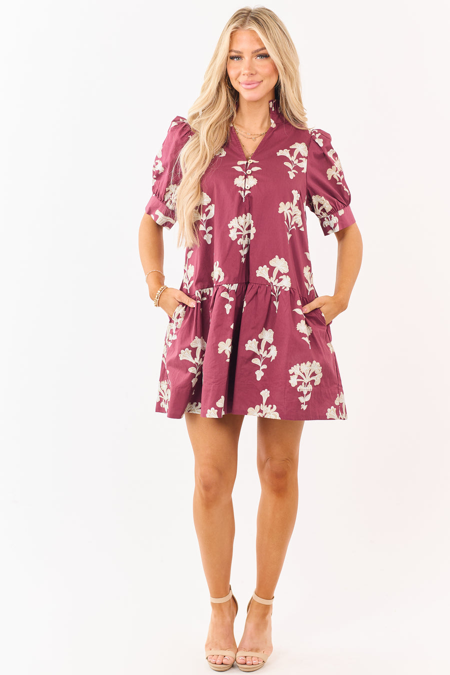Entro Maroon Floral Puff Sleeve Cotton Mini Dress