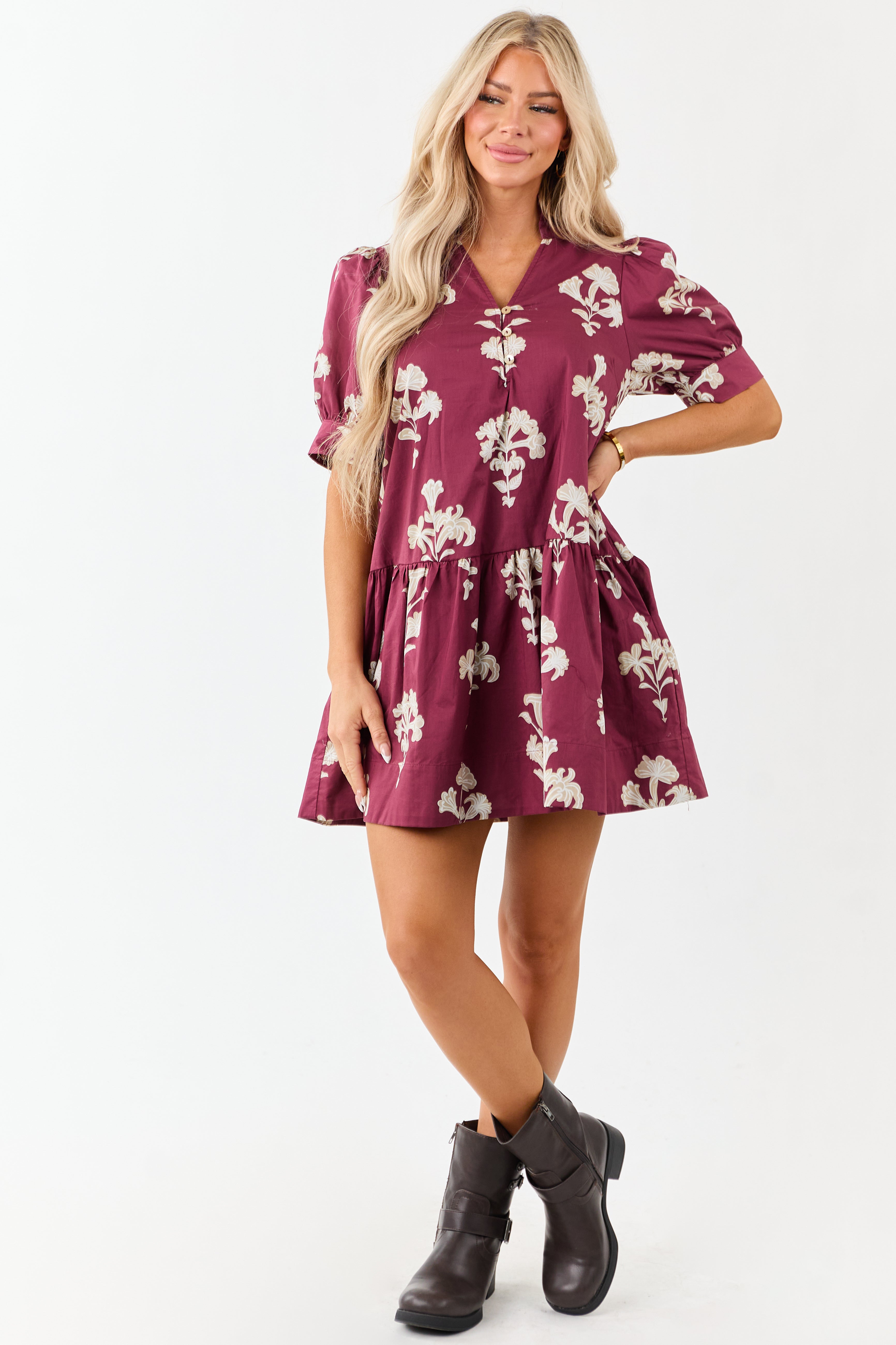 Entro Maroon Floral Puff Sleeve Cotton Mini Dress
