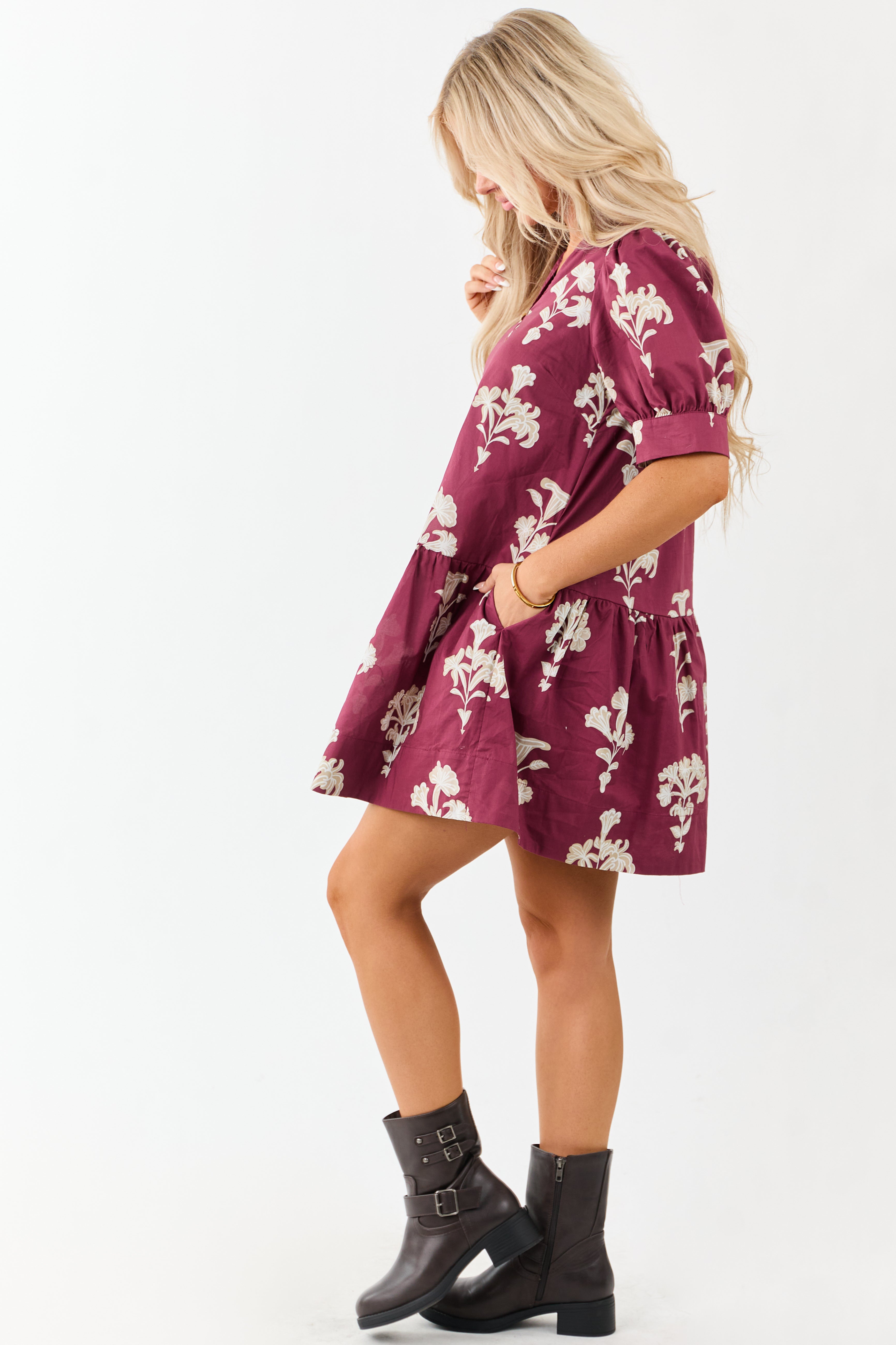 Entro Maroon Floral Puff Sleeve Cotton Mini Dress