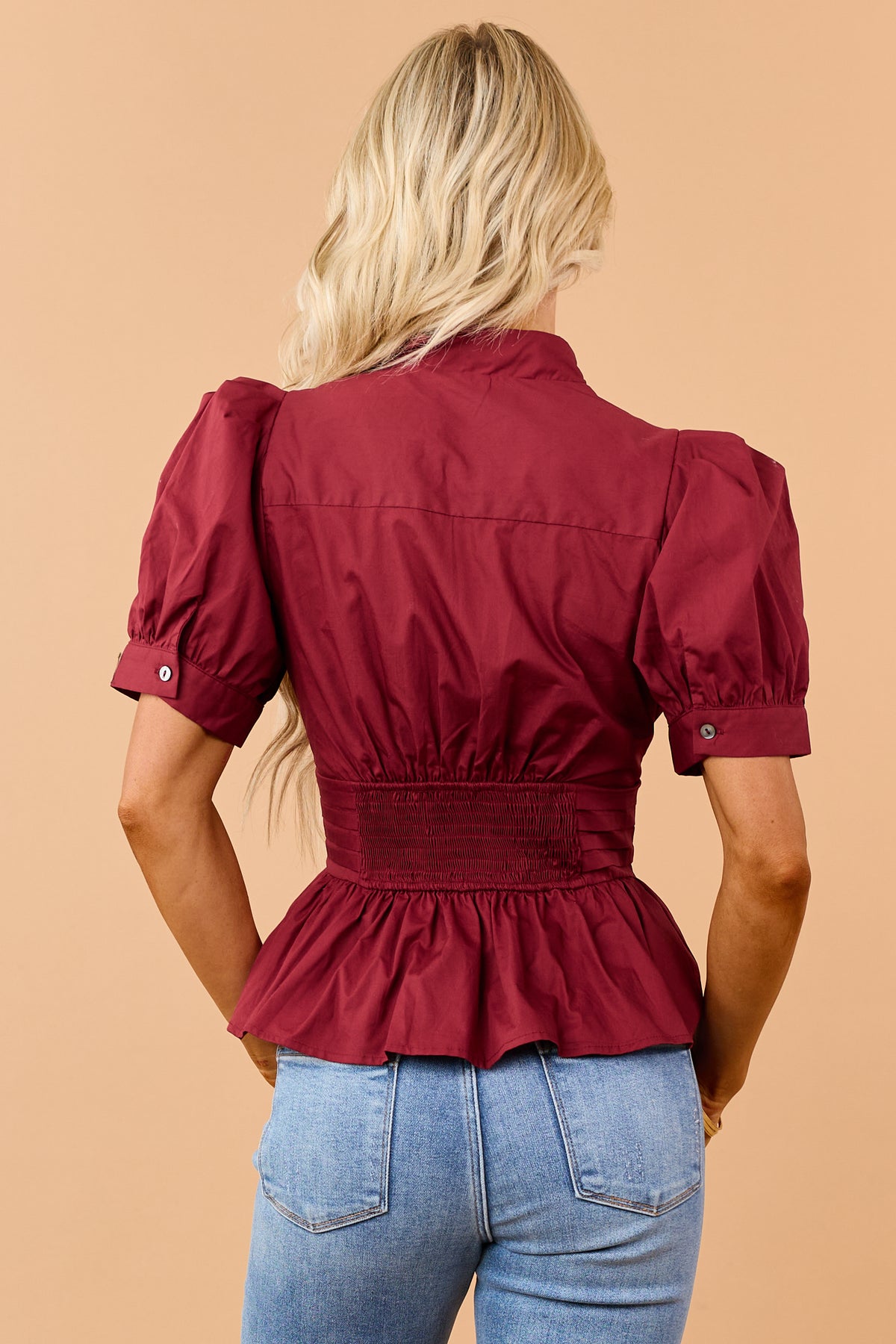 Entro Maroon Peplum Cotton Button Down Top