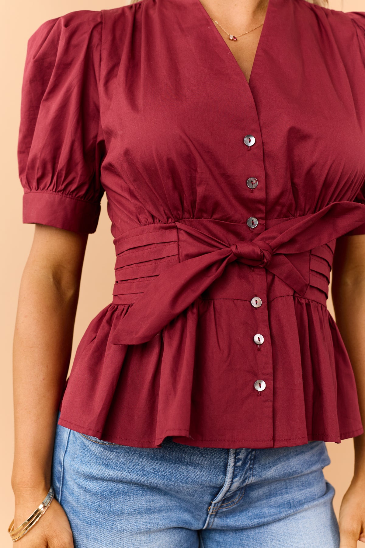Entro Maroon Peplum Cotton Button Down Top