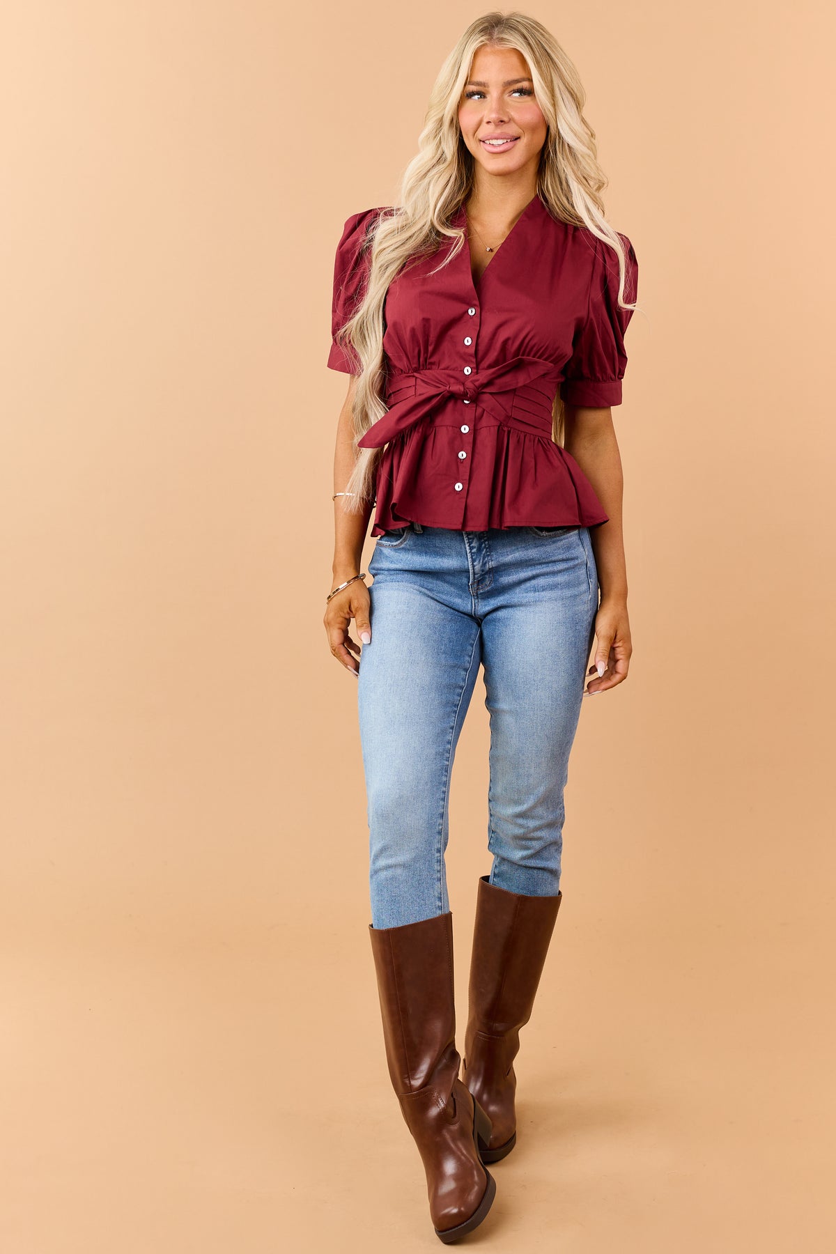 Entro Maroon Peplum Cotton Button Down Top