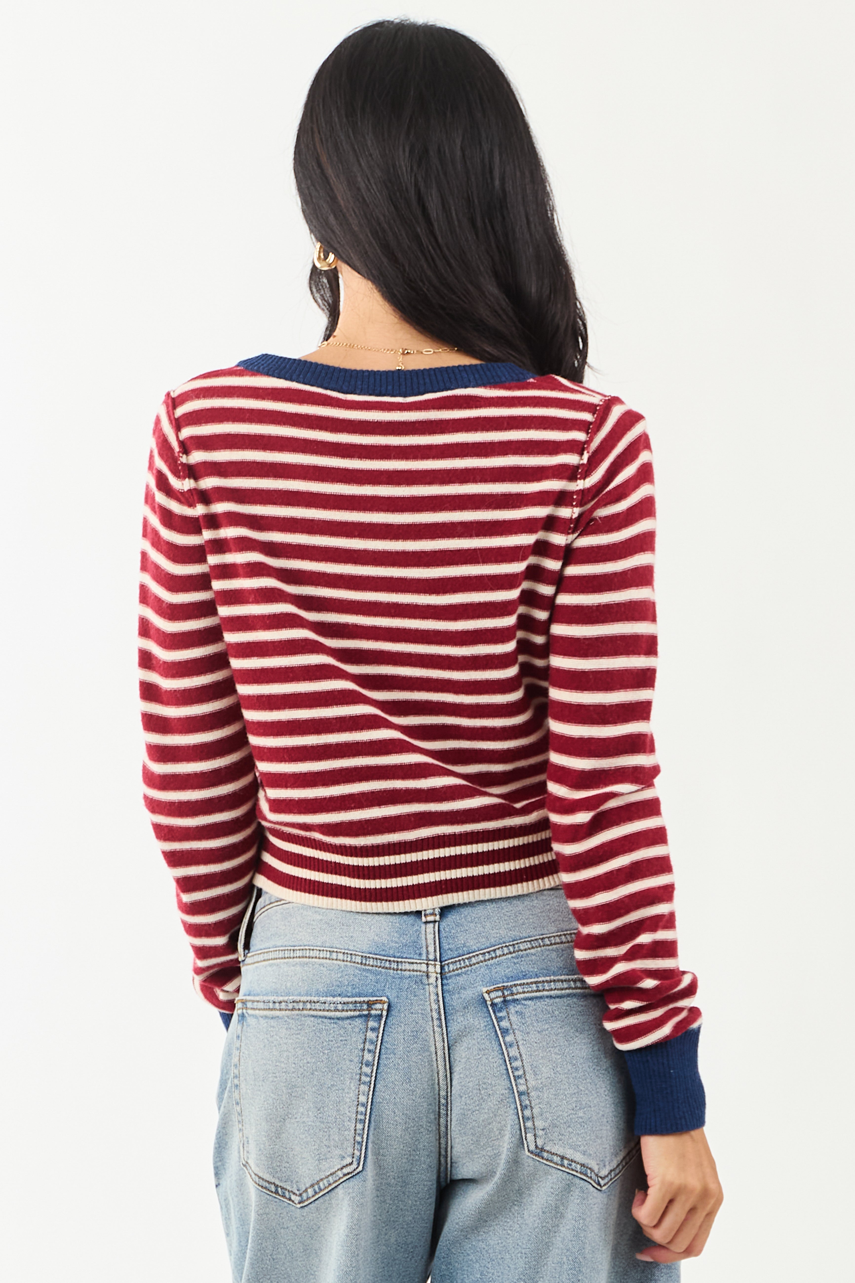 Entro Maroon and Cream Striped Button Down Cardigan