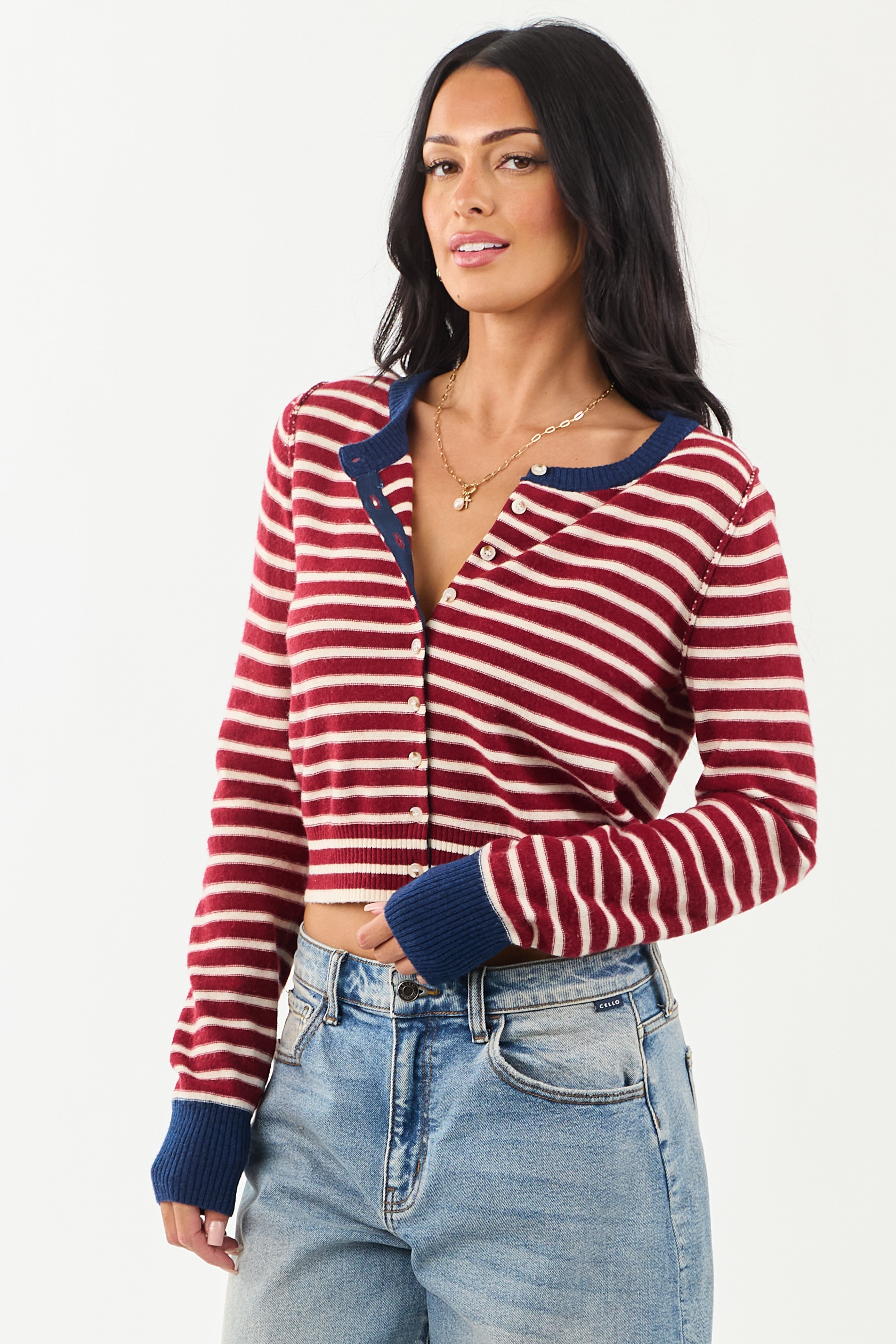 Entro Maroon and Cream Striped Button Down Cardigan | Lime Lush