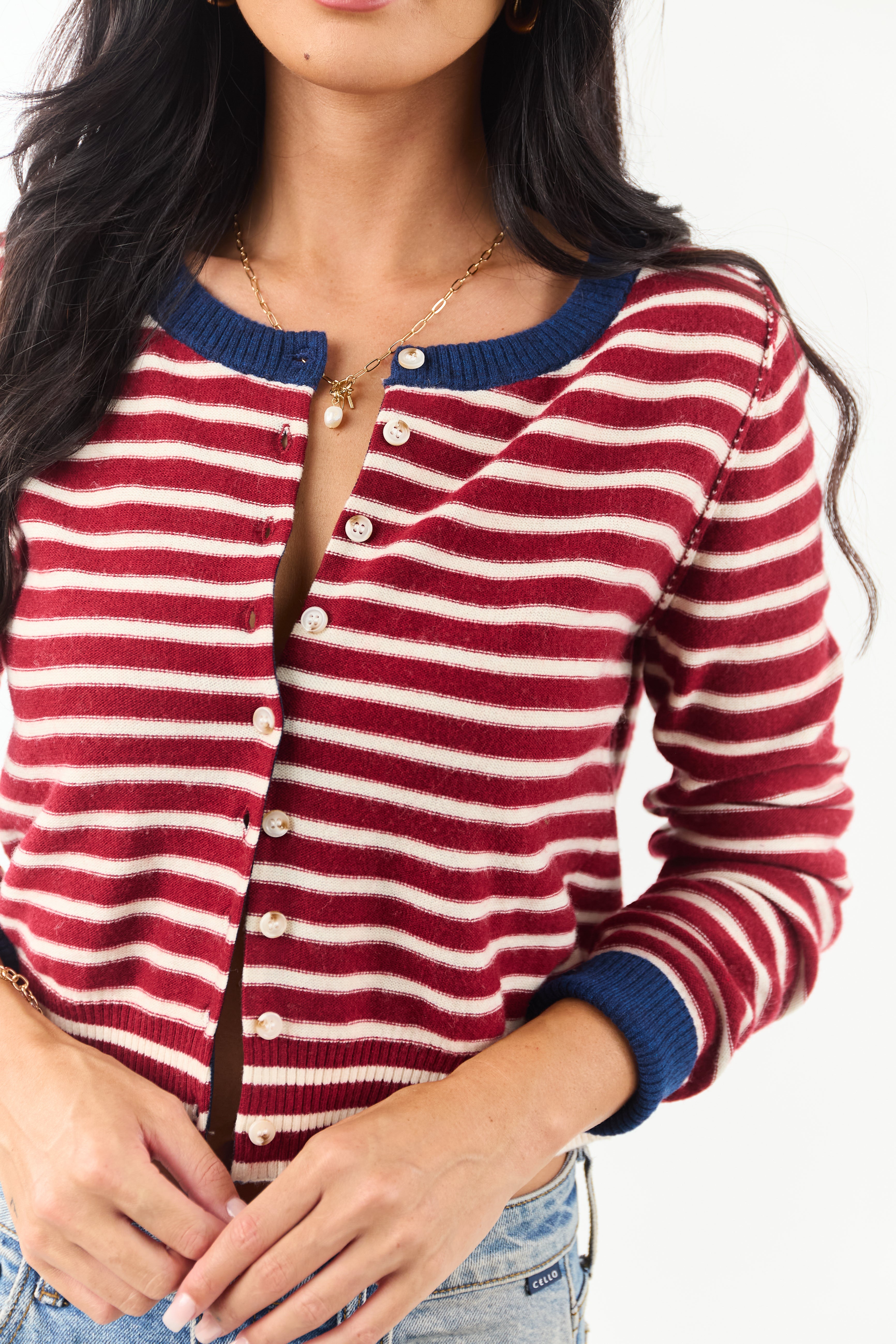 Entro Maroon and Cream Striped Button Down Cardigan | Lime Lush