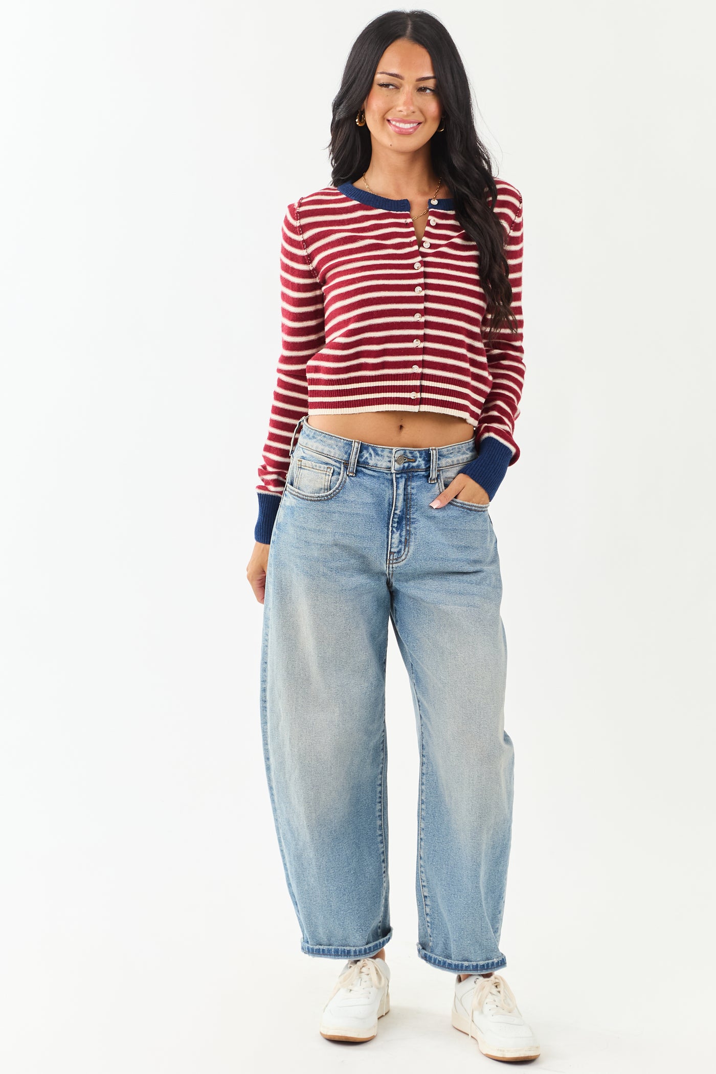 Entro Maroon and Cream Striped Button Down Cardigan