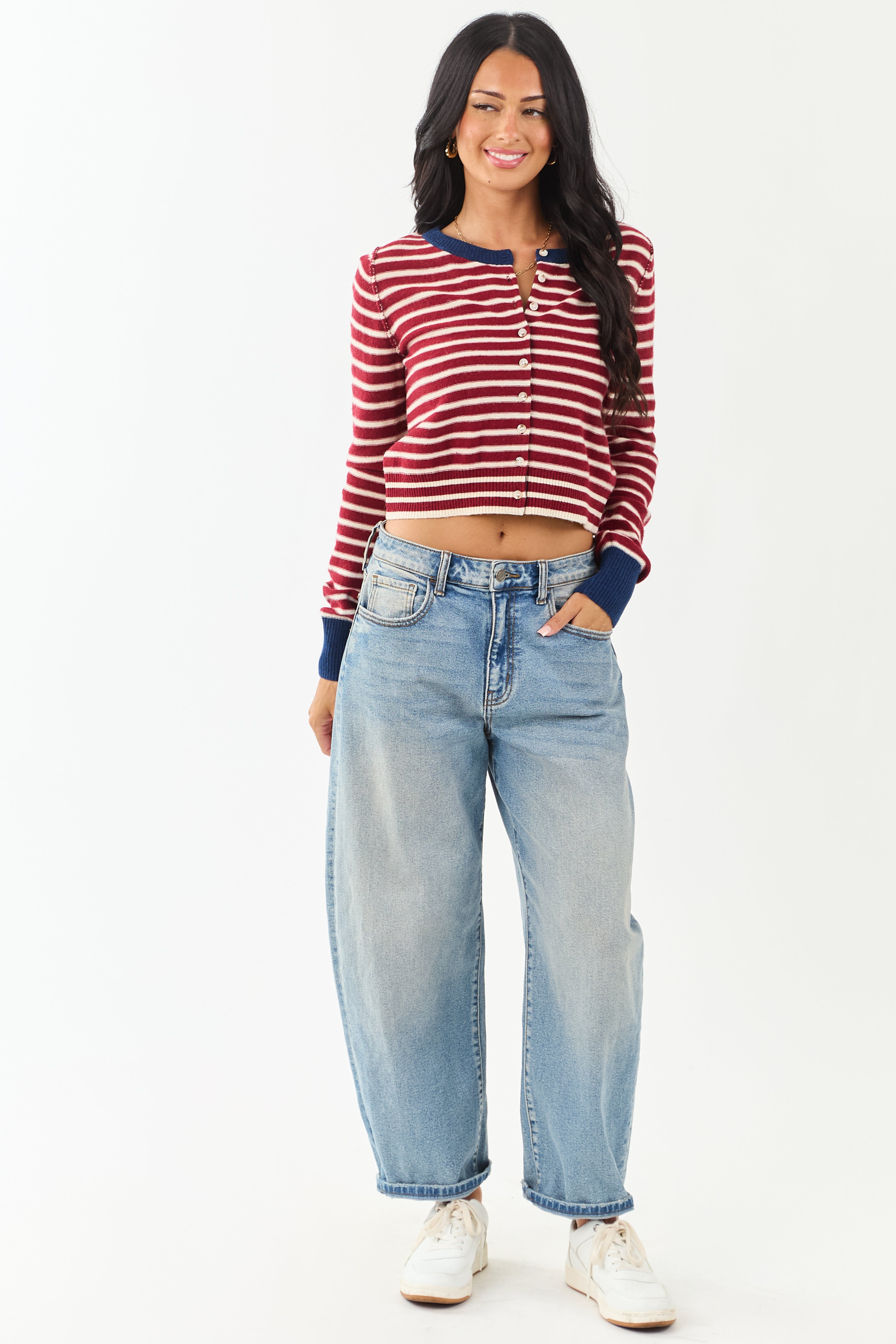 Entro Maroon and Cream Striped Button Down Cardigan