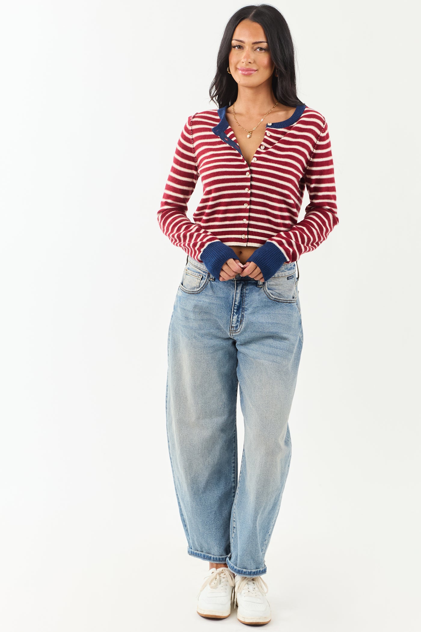Entro Maroon and Cream Striped Button Down Cardigan