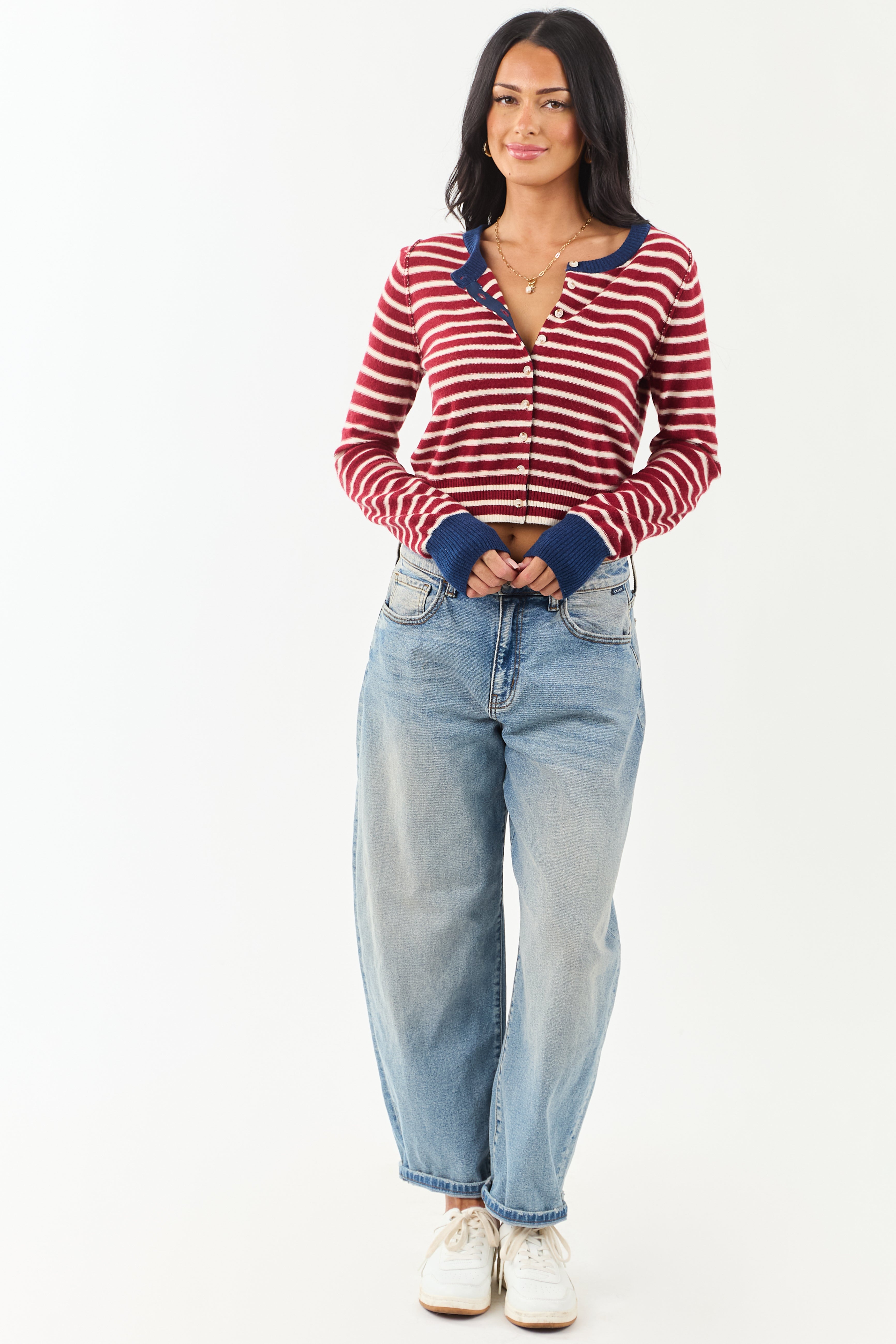 Entro Maroon and Cream Striped Button Down Cardigan