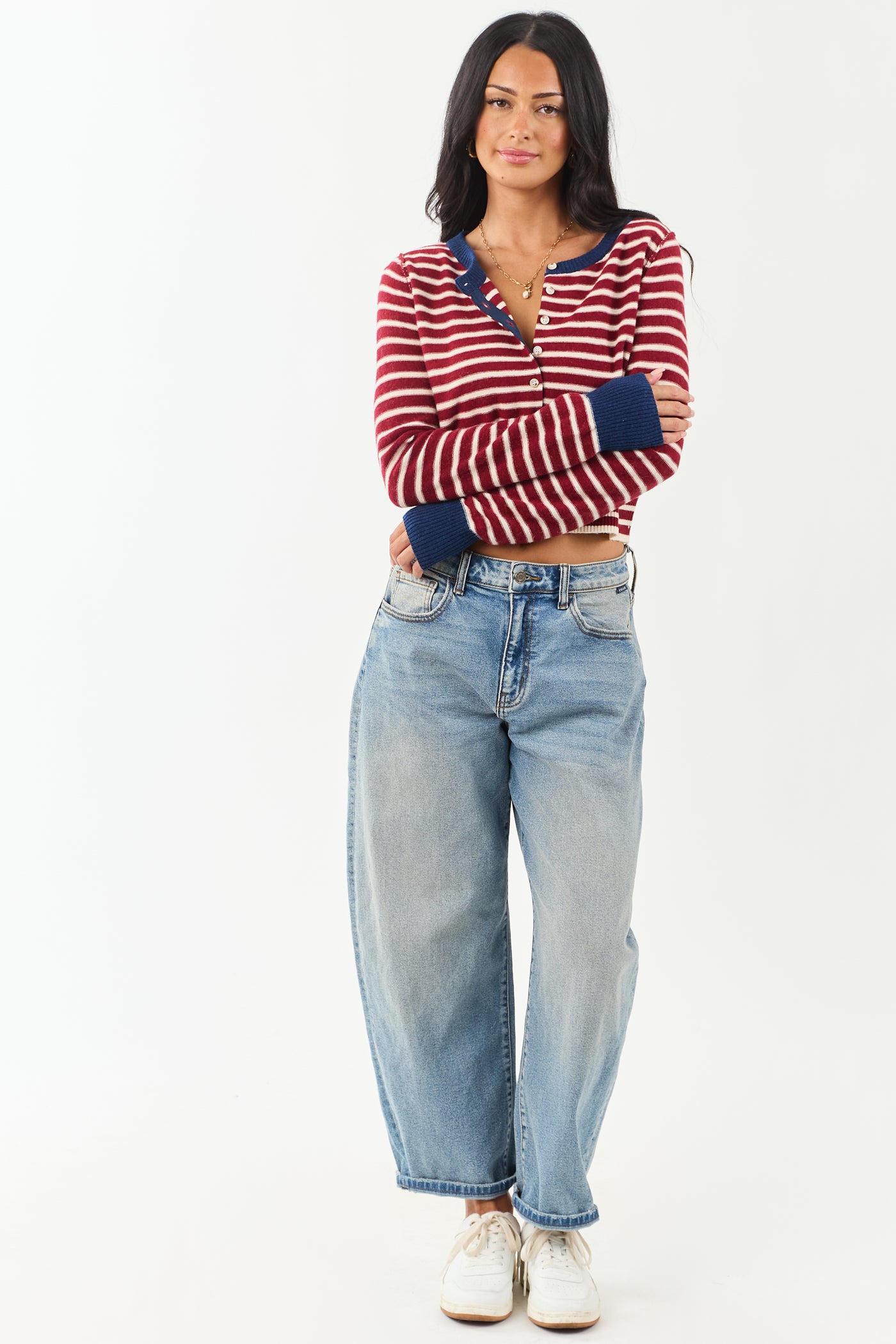 Entro Maroon and Cream Striped Button Down Cardigan