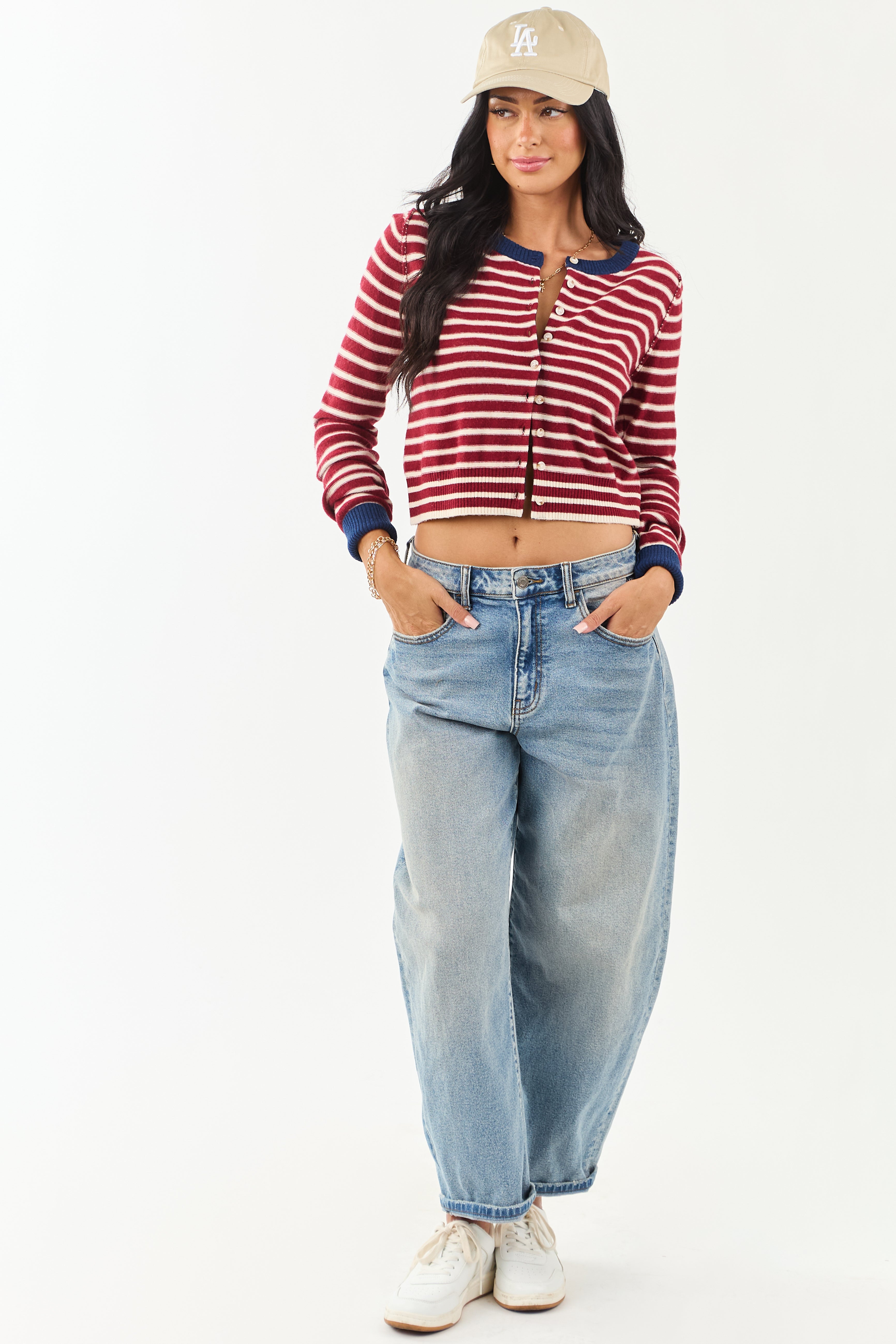 Entro Maroon and Cream Striped Button Down Cardigan