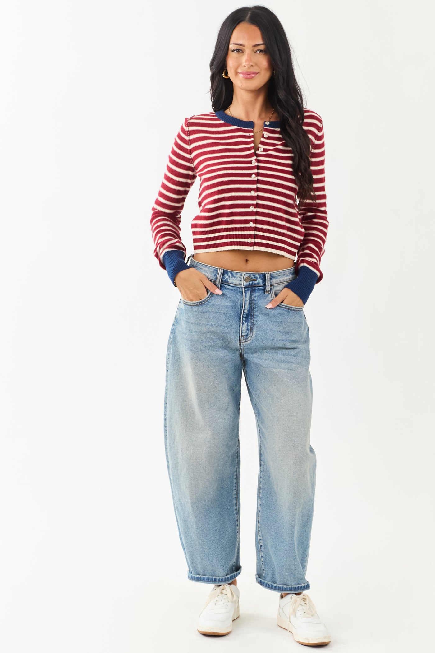Entro Maroon and Cream Striped Button Down Cardigan