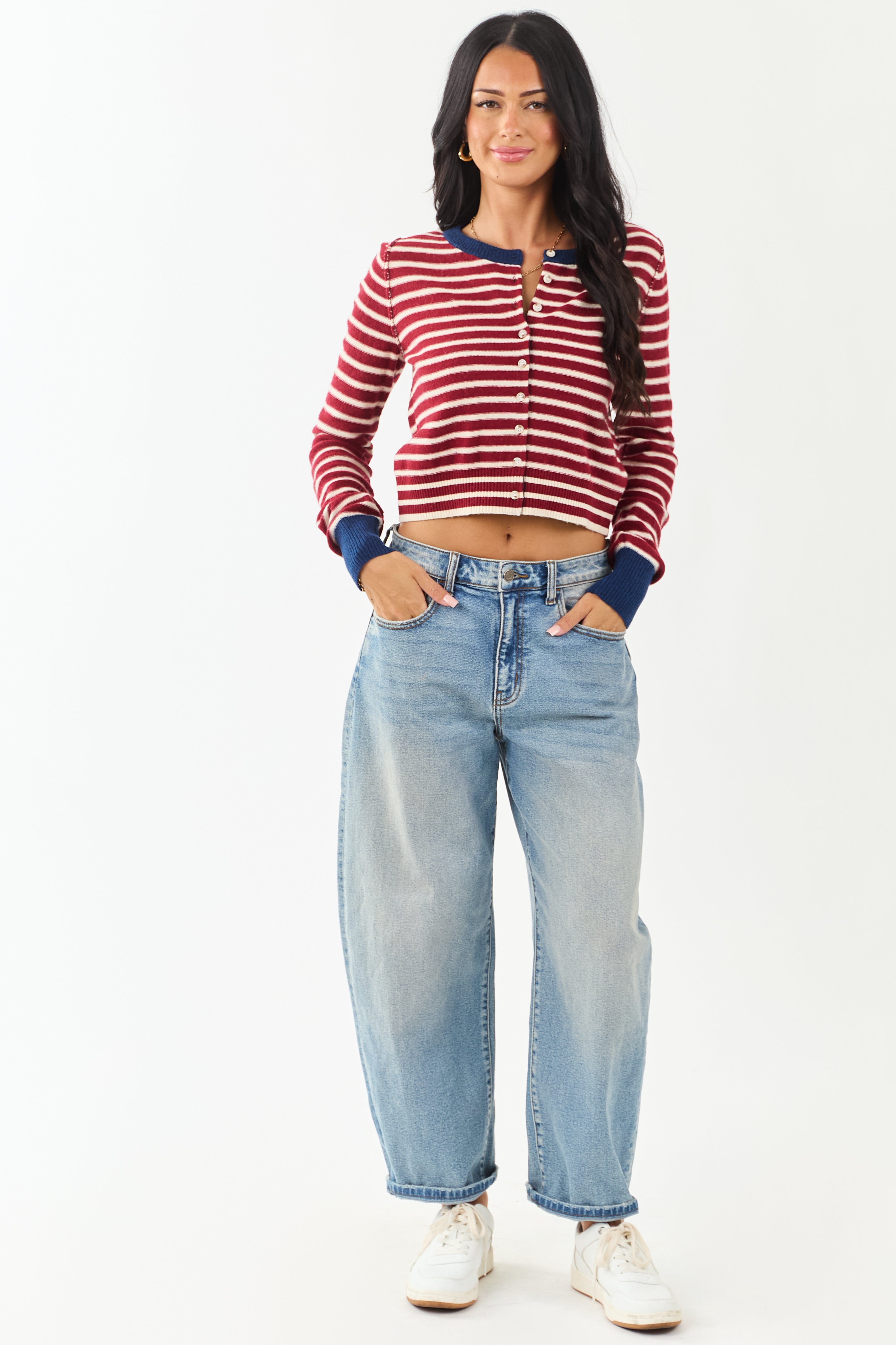 Entro Maroon and Cream Striped Button Down Cardigan