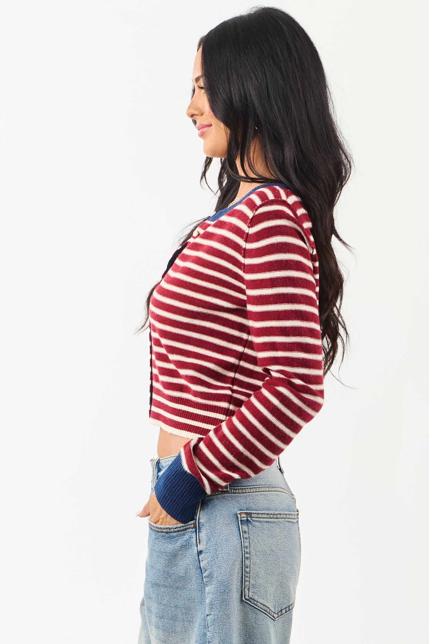 Entro Maroon and Cream Striped Button Down Cardigan