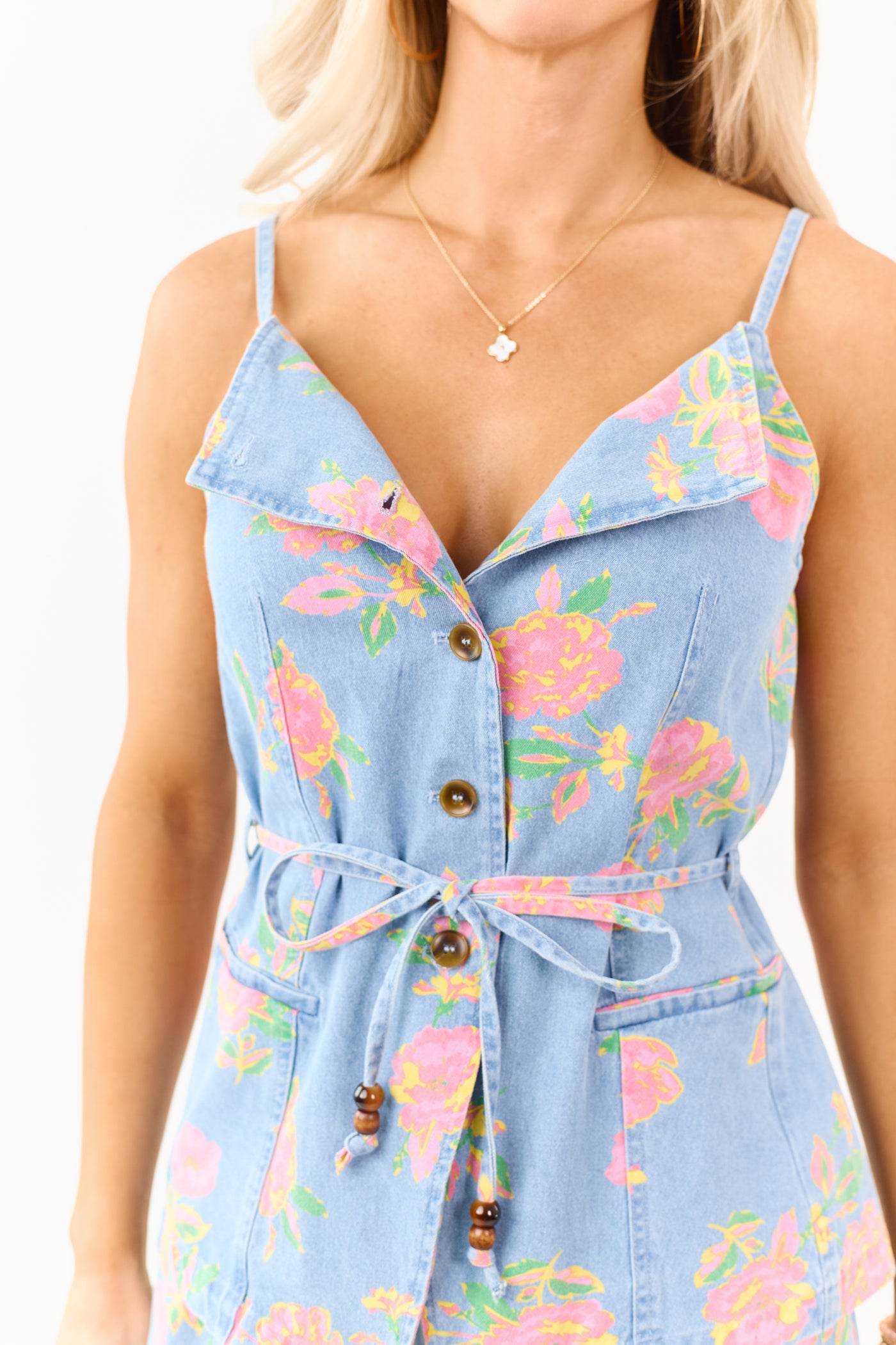 Entro Medium Wash Floral Print Denim Tank Top