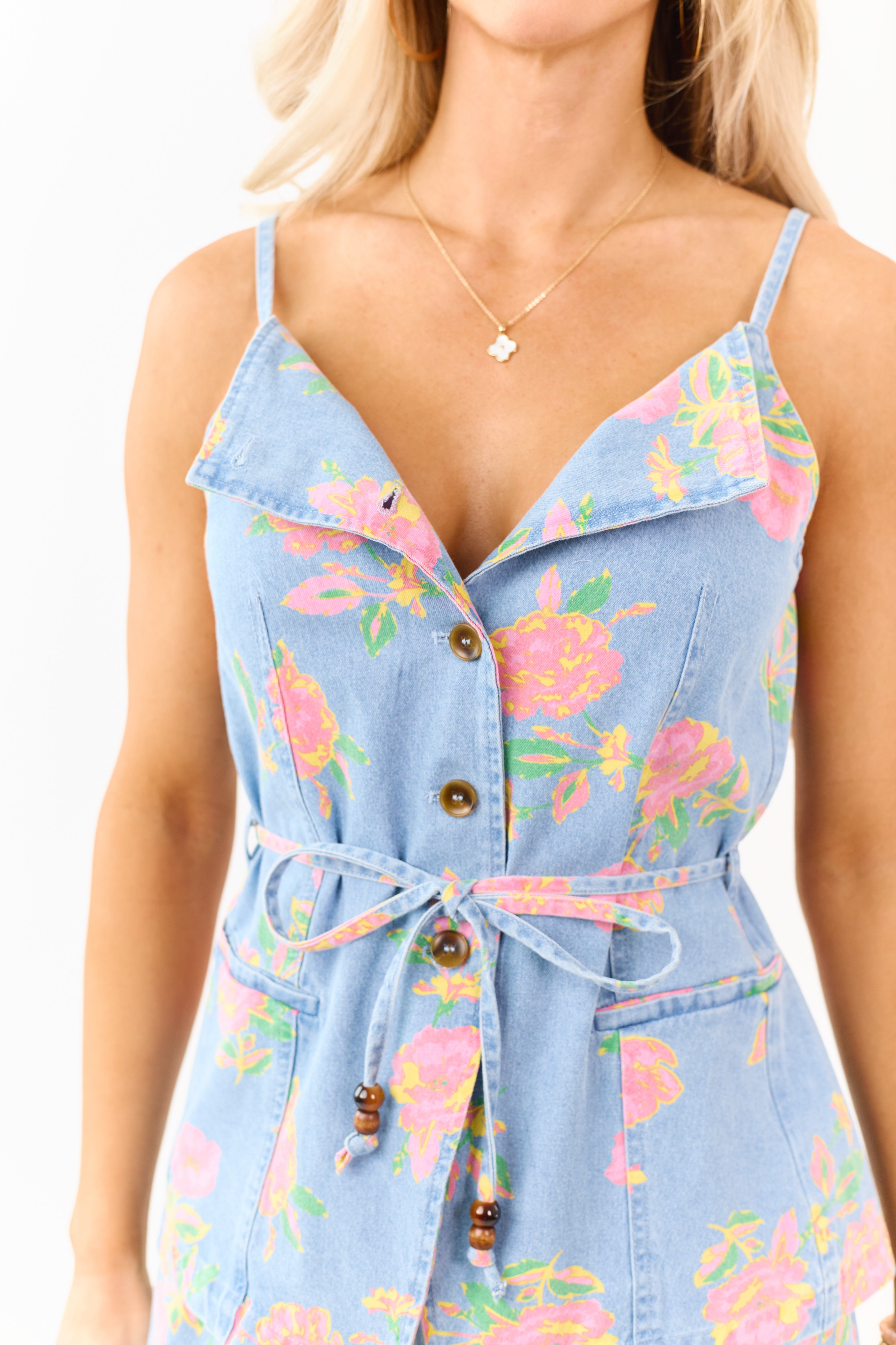 Entro Medium Wash Floral Print Denim Tank Top