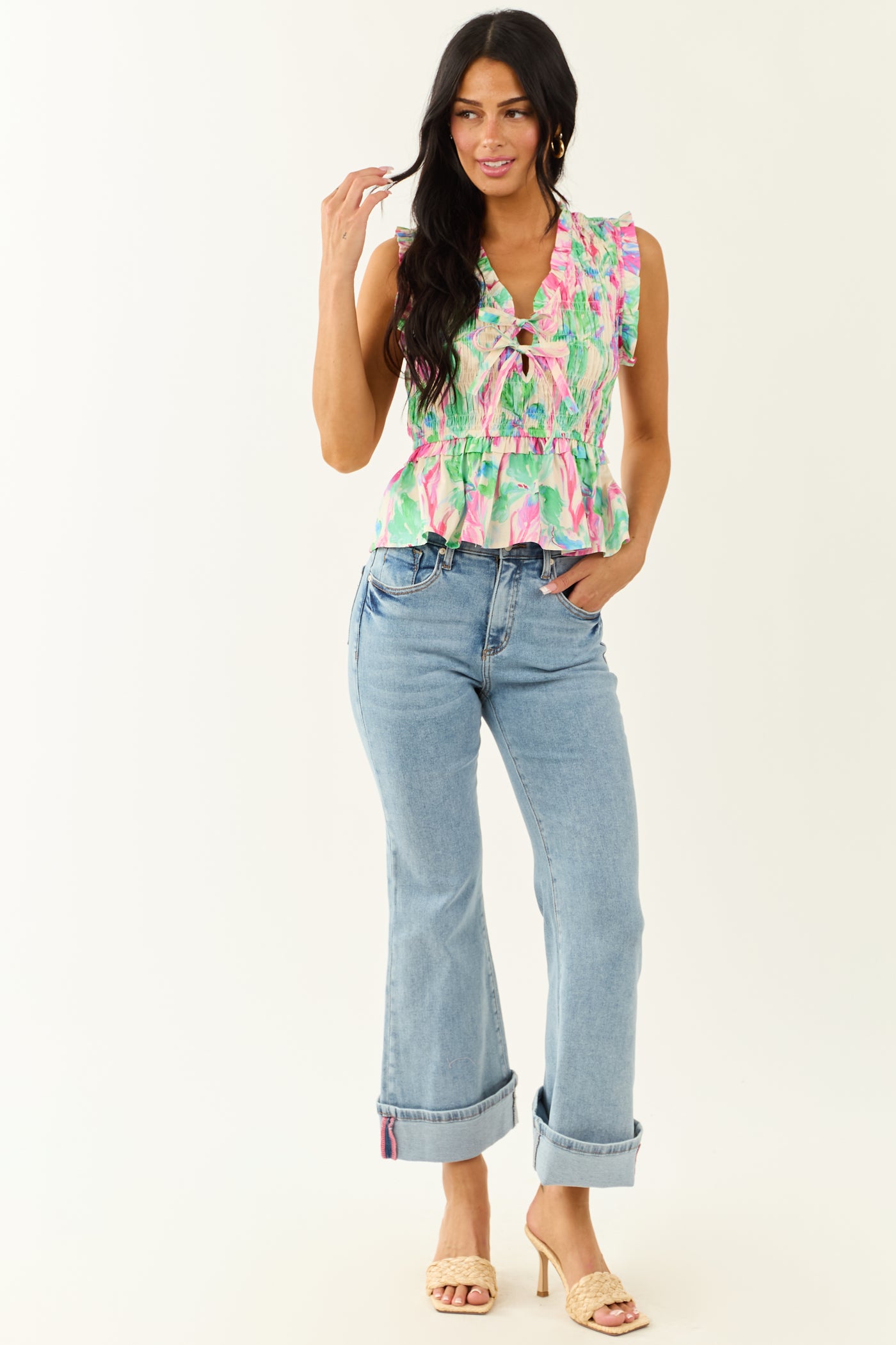Entro Multicolor Abstract Cotton Smocked Tank Top