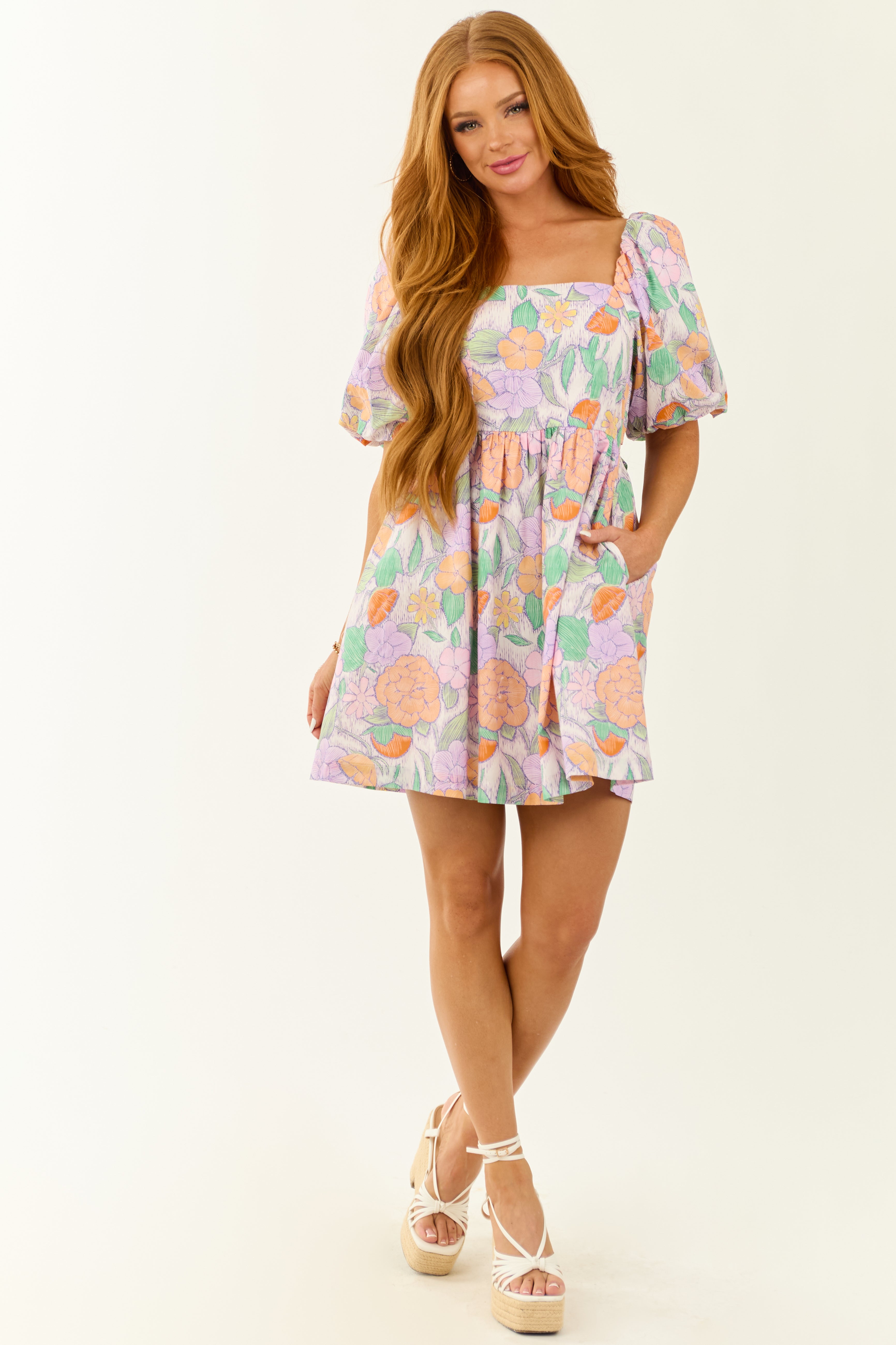 Entro Multicolor Floral Puff Sleeve Mini Dress