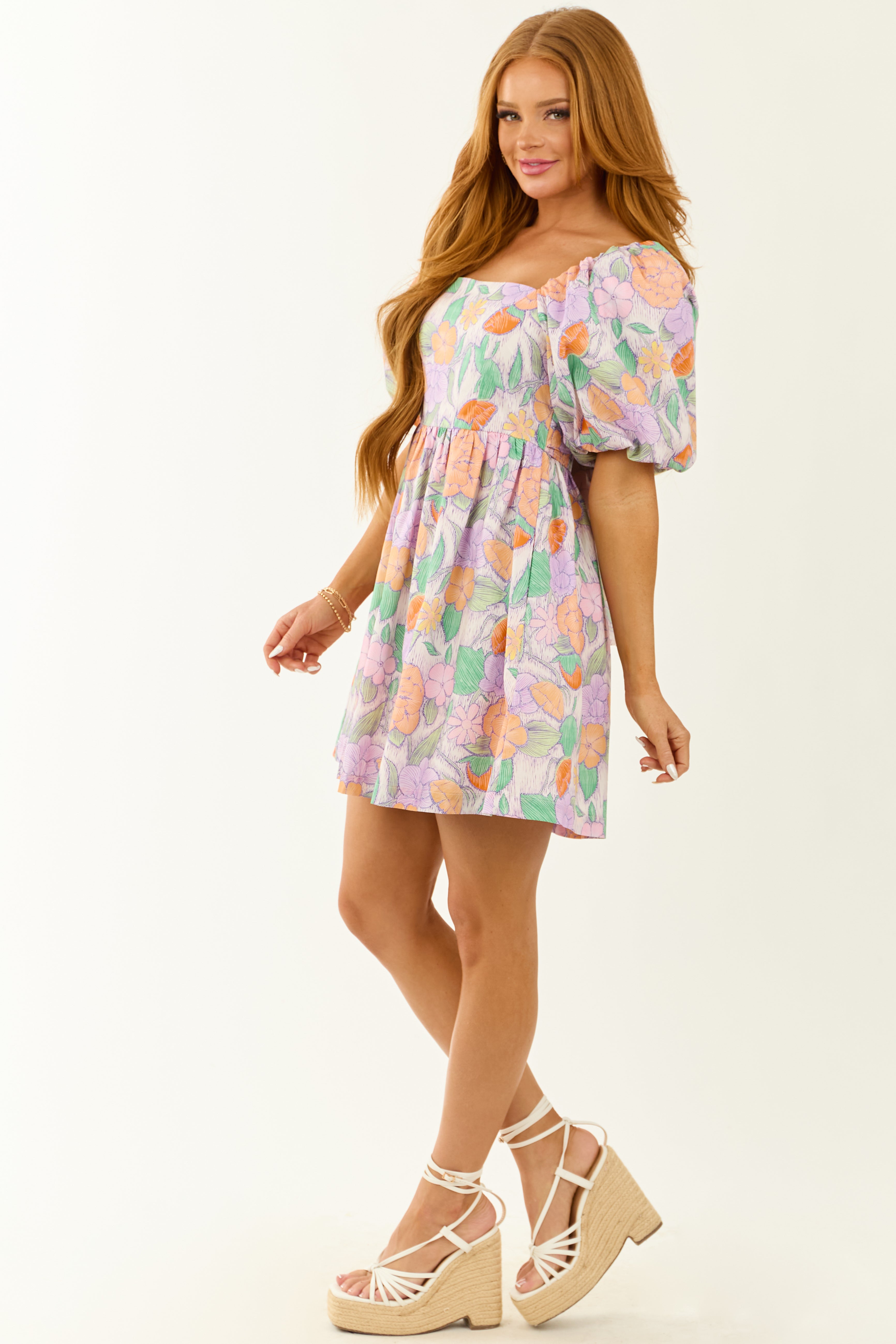 Entro Multicolor Floral Puff Sleeve Mini Dress