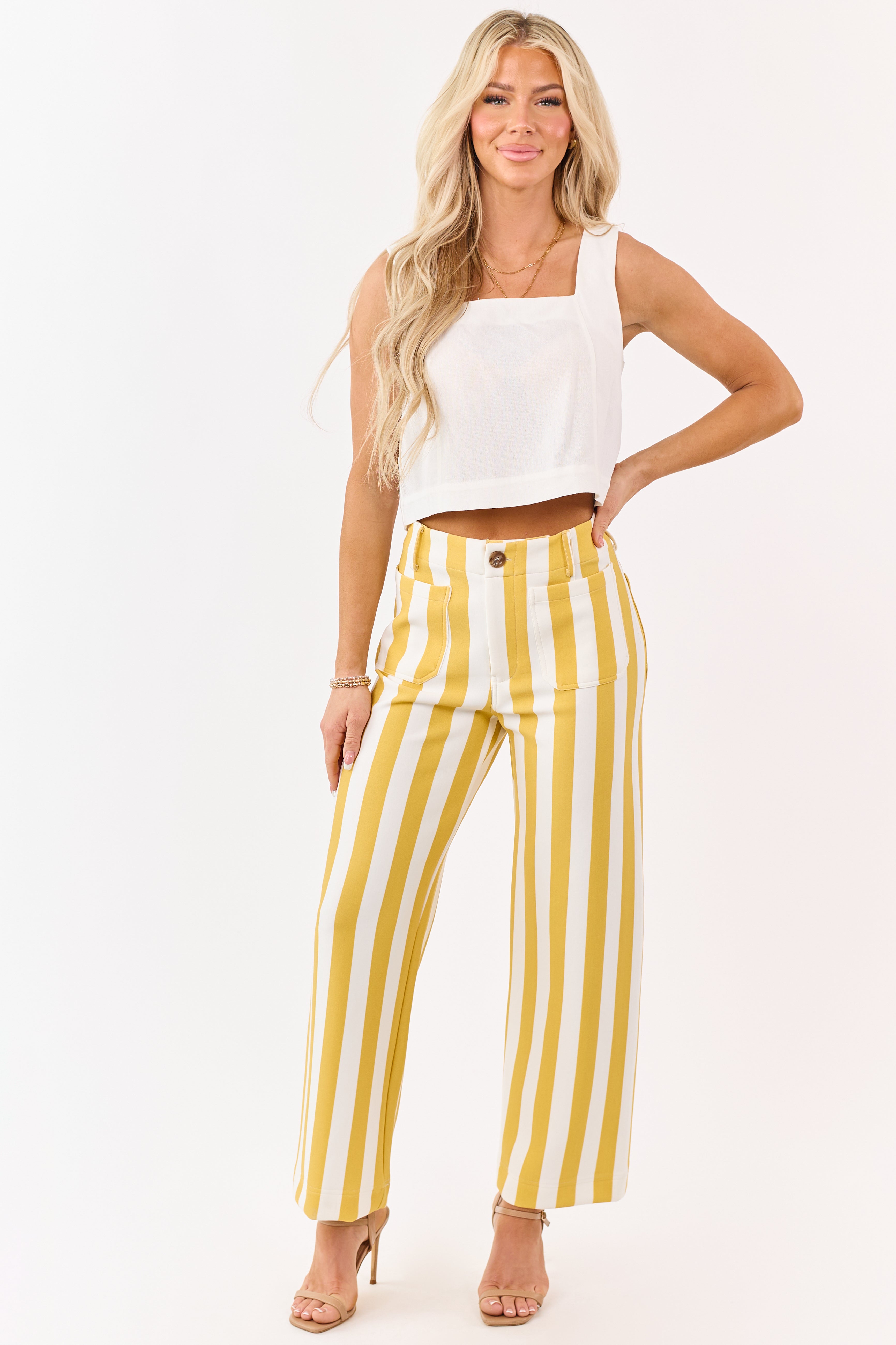 Entro Mustard Striped Relaxed Straight Knit Pants | Lime Lush Boutique