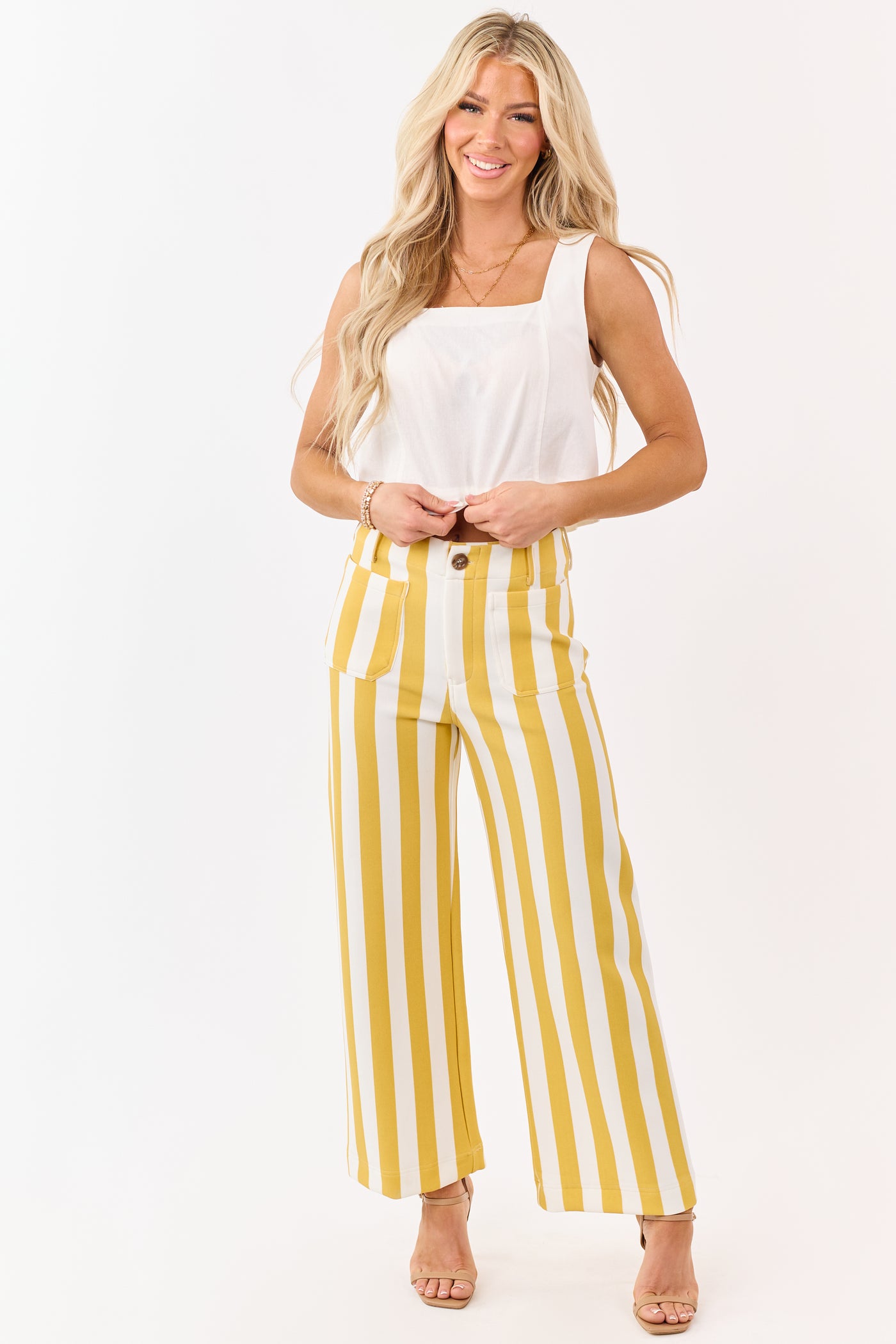 Entro Mustard Striped Relaxed Straight Knit Pants