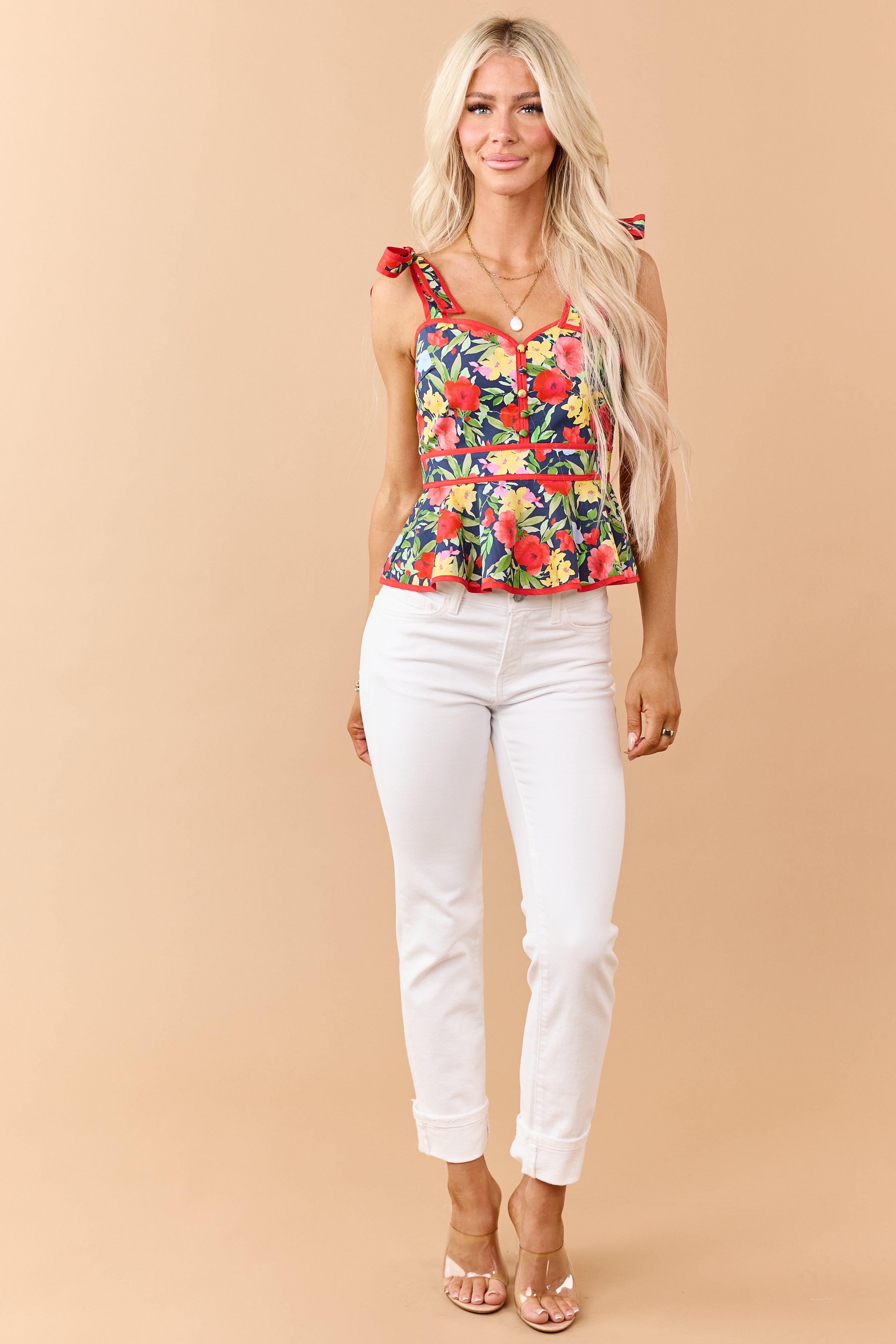 Entro Navy Cotton Floral Print Peplum Tank Top | Lime Lush Boutique