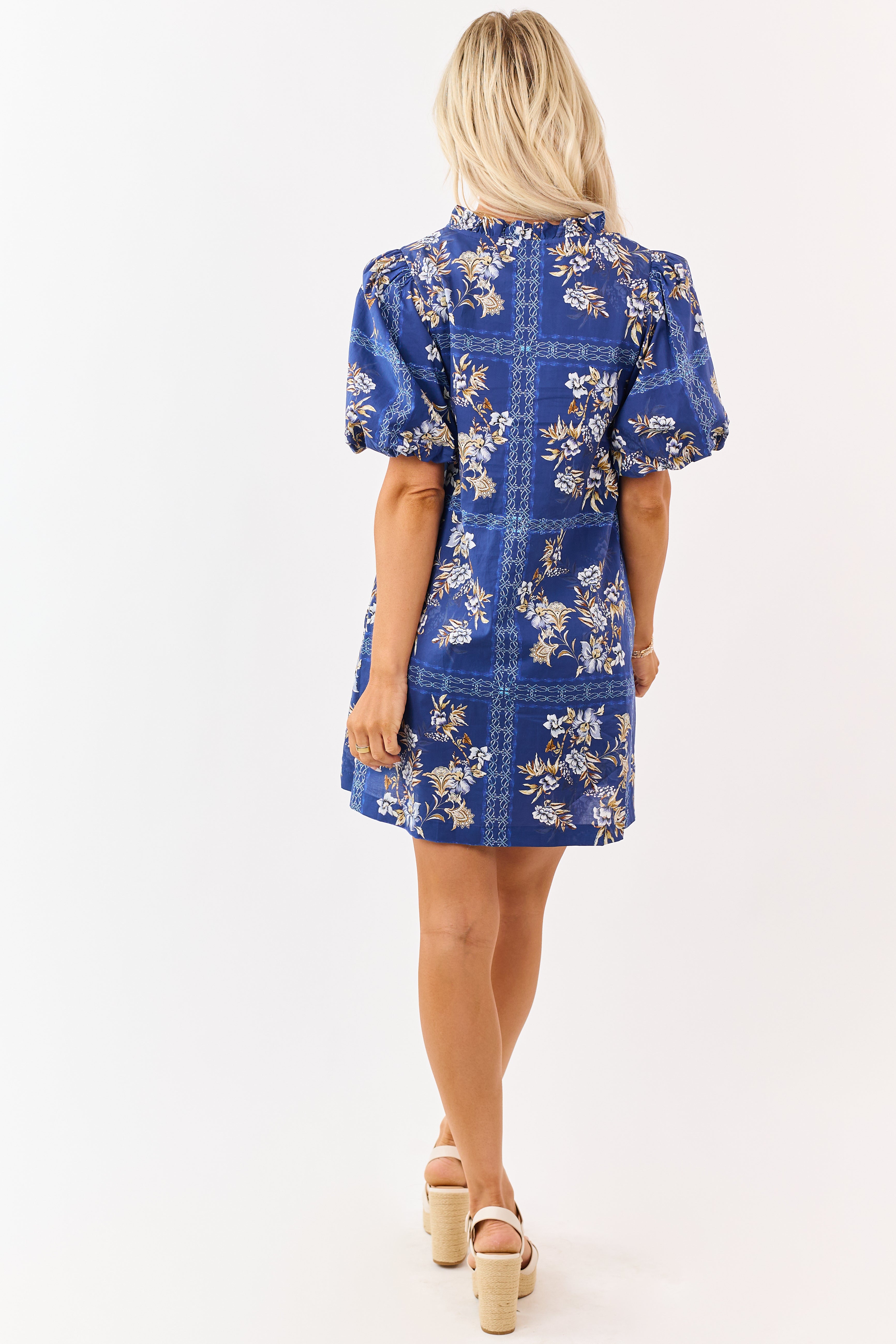Entro Navy Cotton Floral Puff Sleeve Mini Dress