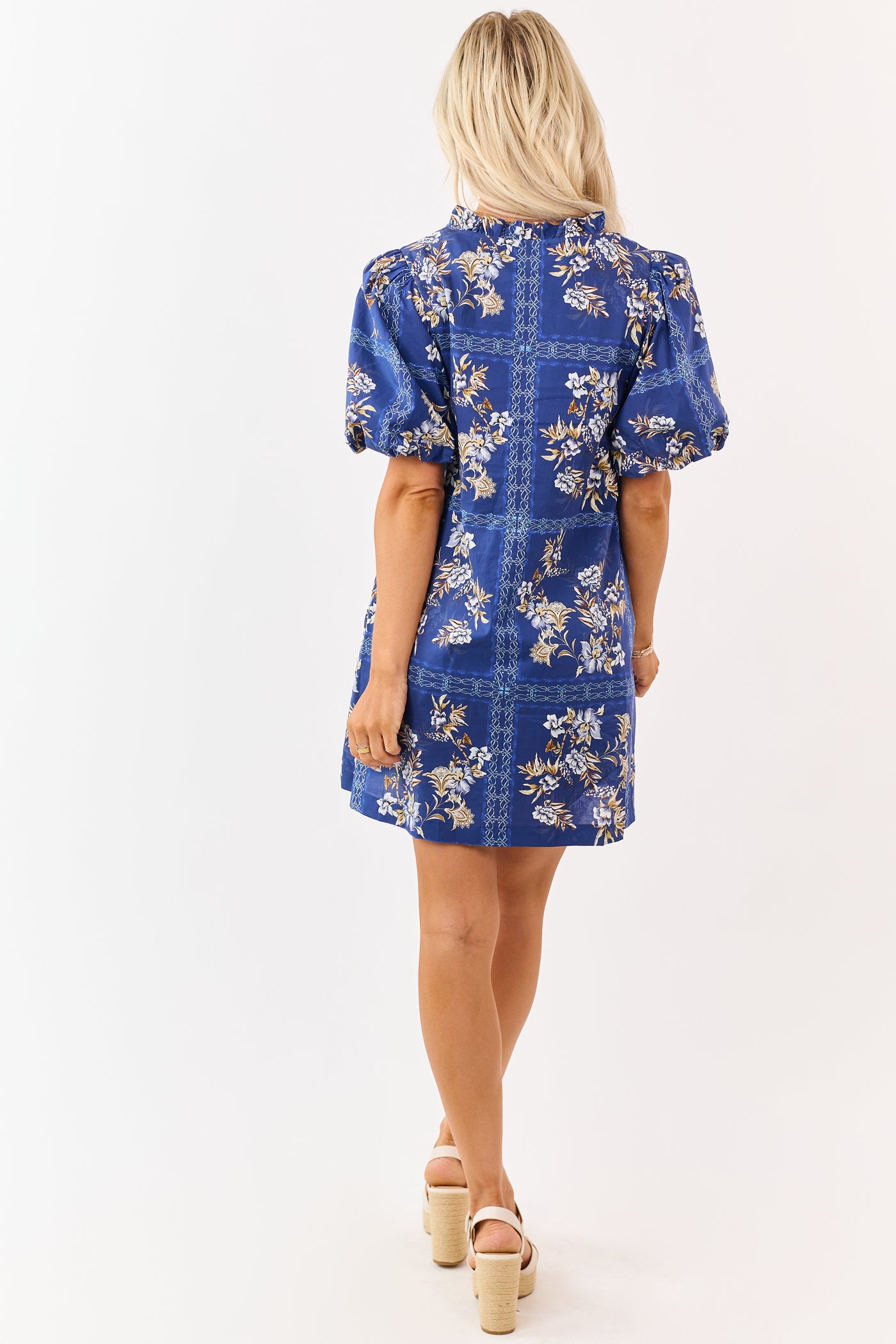 Entro Navy Cotton Floral Puff Sleeve Mini Dress