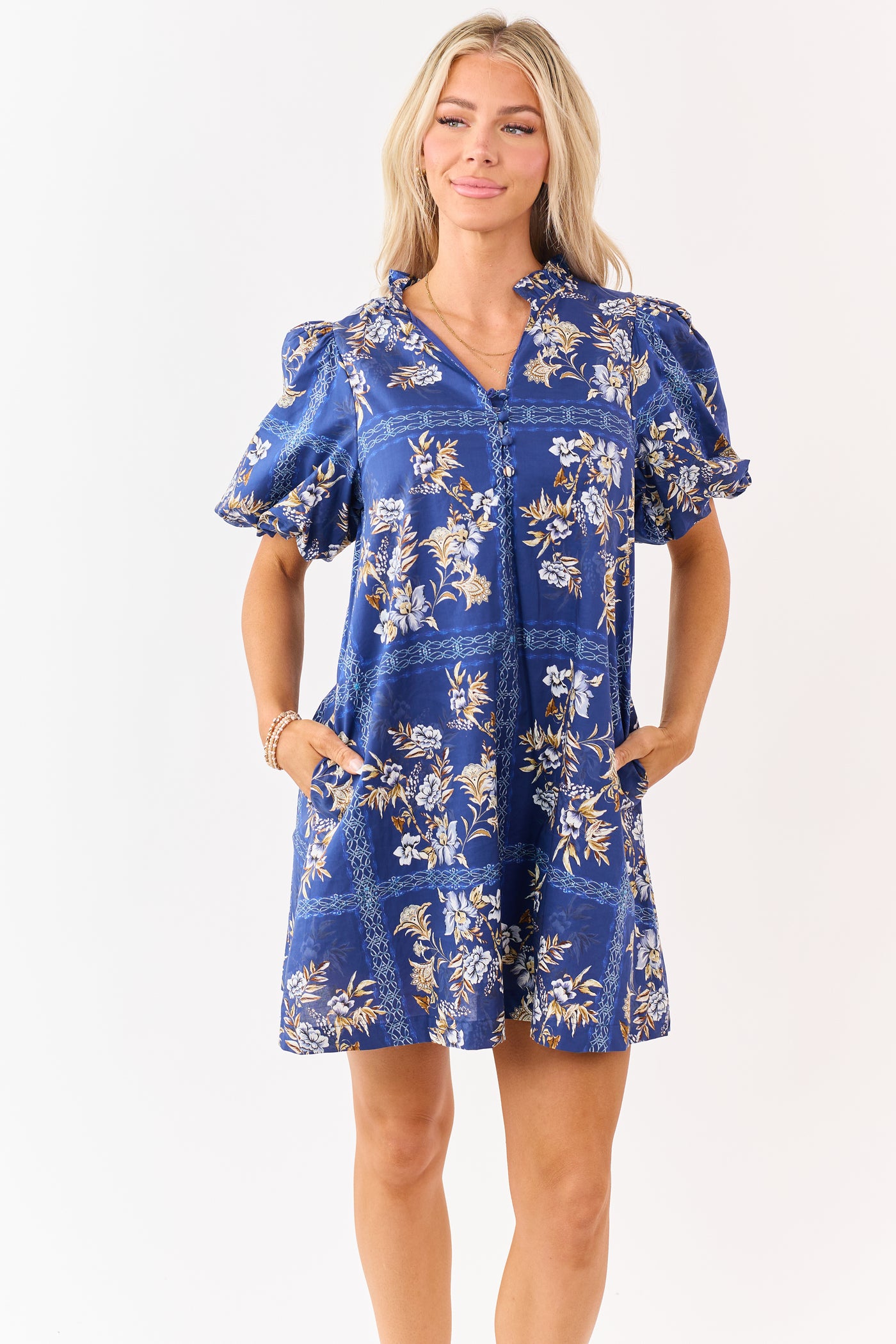 Entro Navy Cotton Floral Puff Sleeve Mini Dress