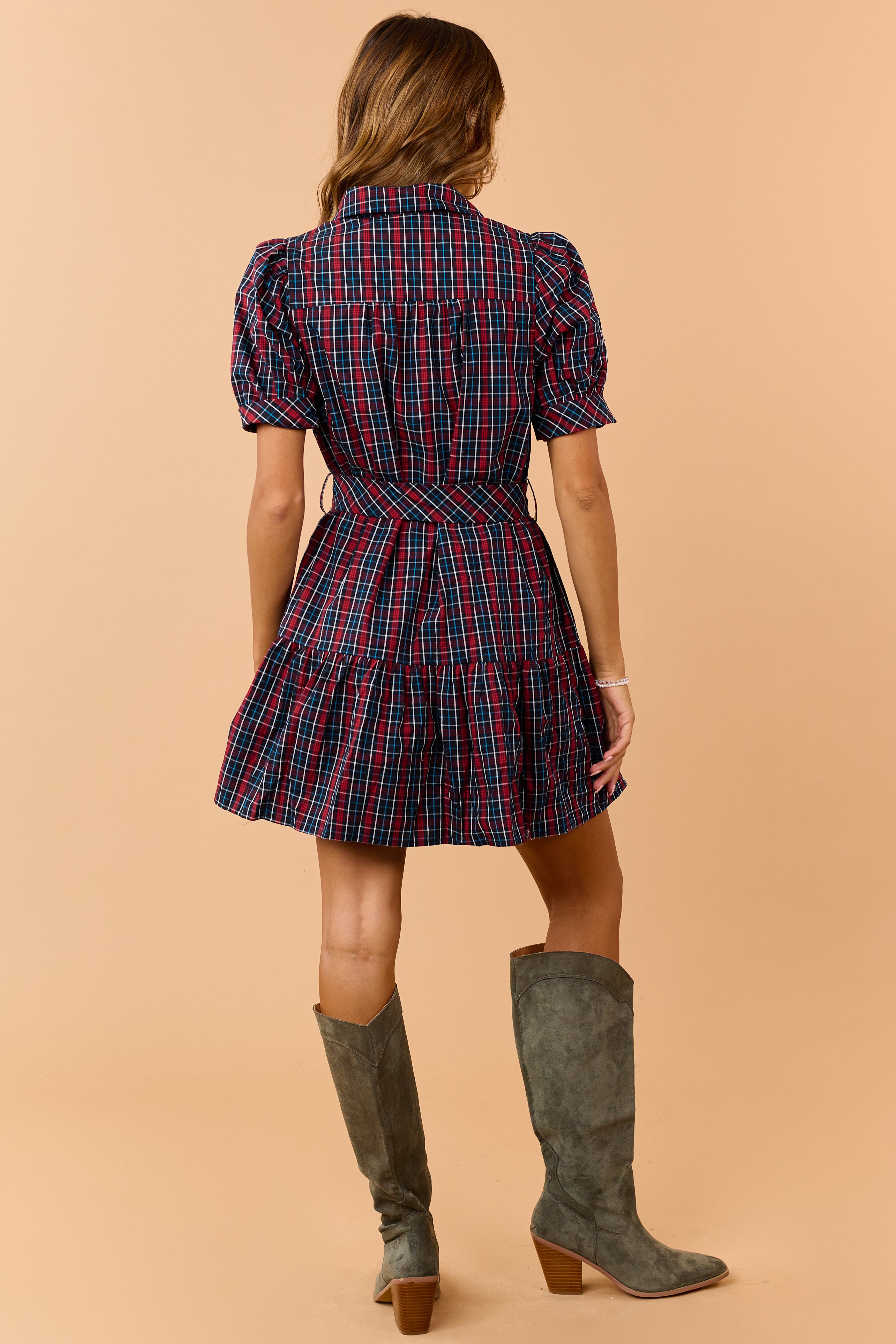 Entro Navy Cotton Plaid Button Down Mini Dress