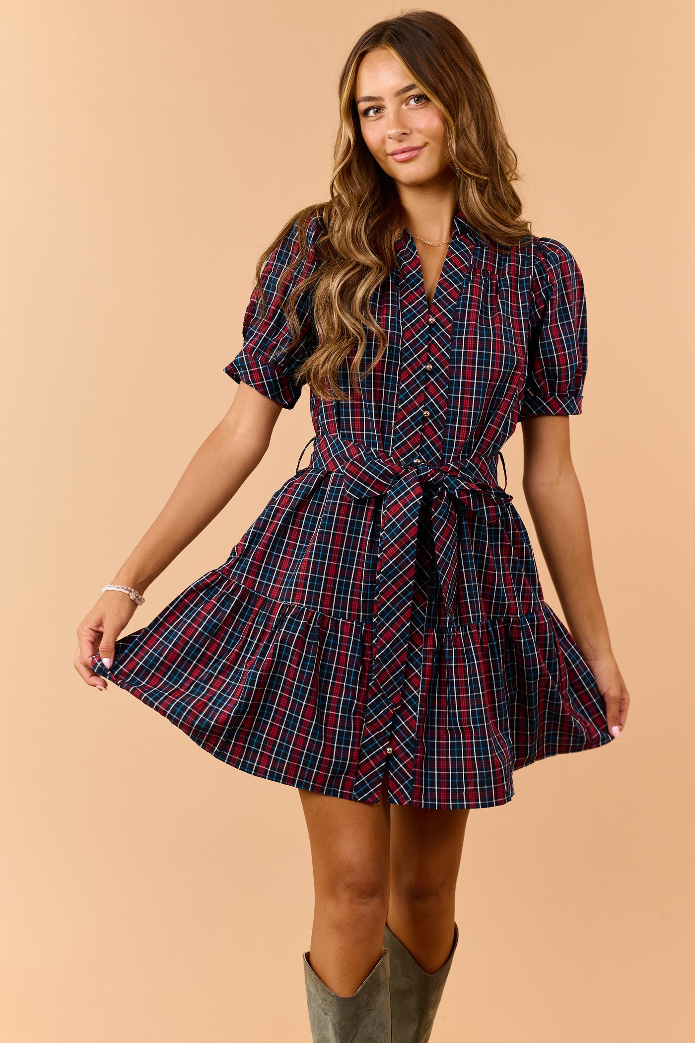 Entro Navy Cotton Plaid Button Down Mini Dress