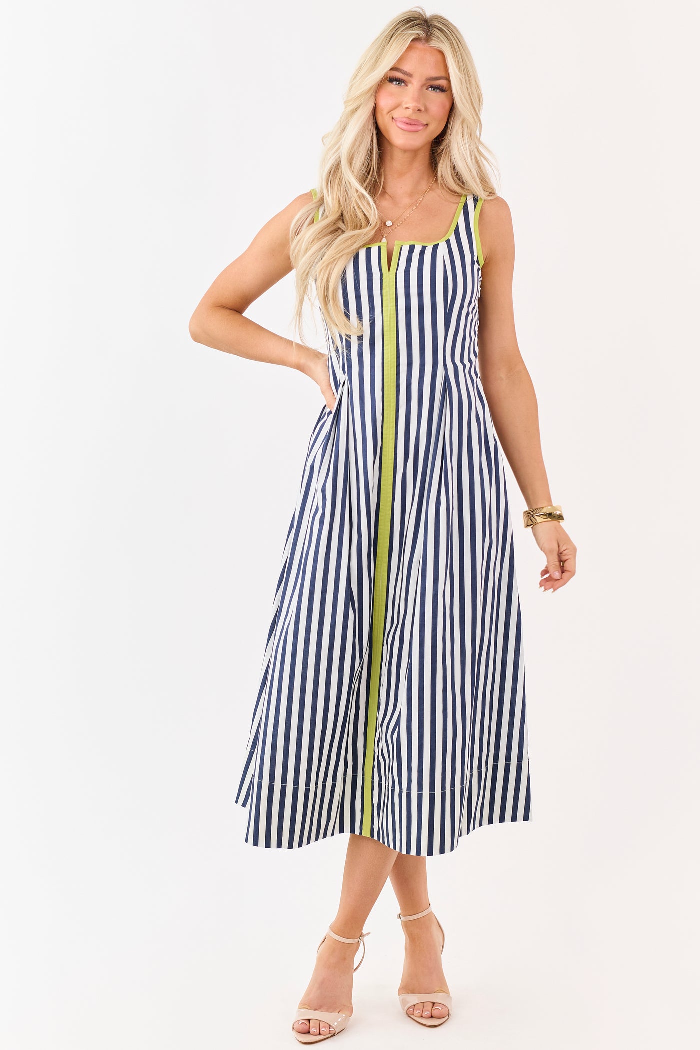 Entro Navy Cotton Striped Contrast Trim Midi Dress